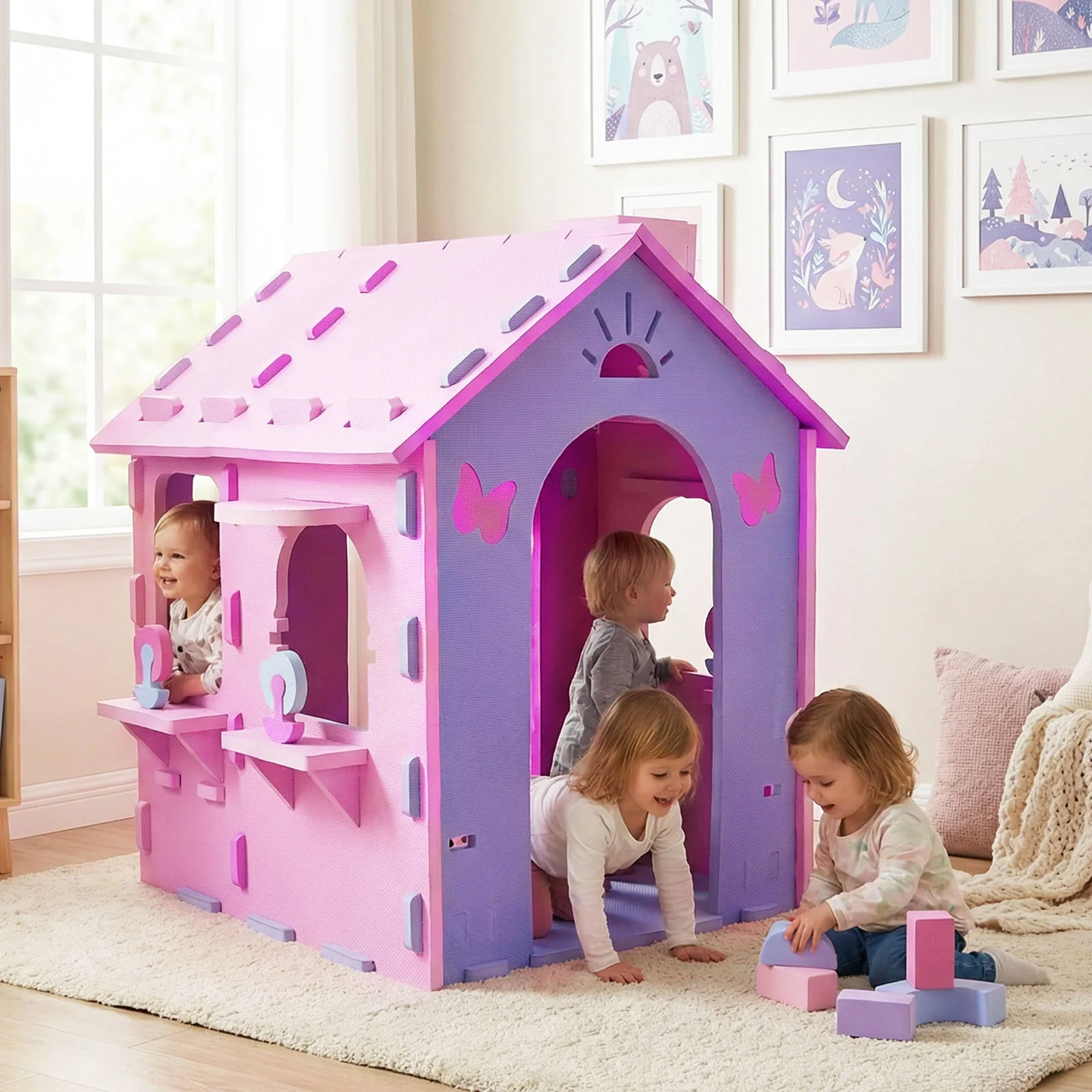 Indoor Cottage Playset with Roof and Chimney for Creative Play-PI, Pink & Purple - Image 3