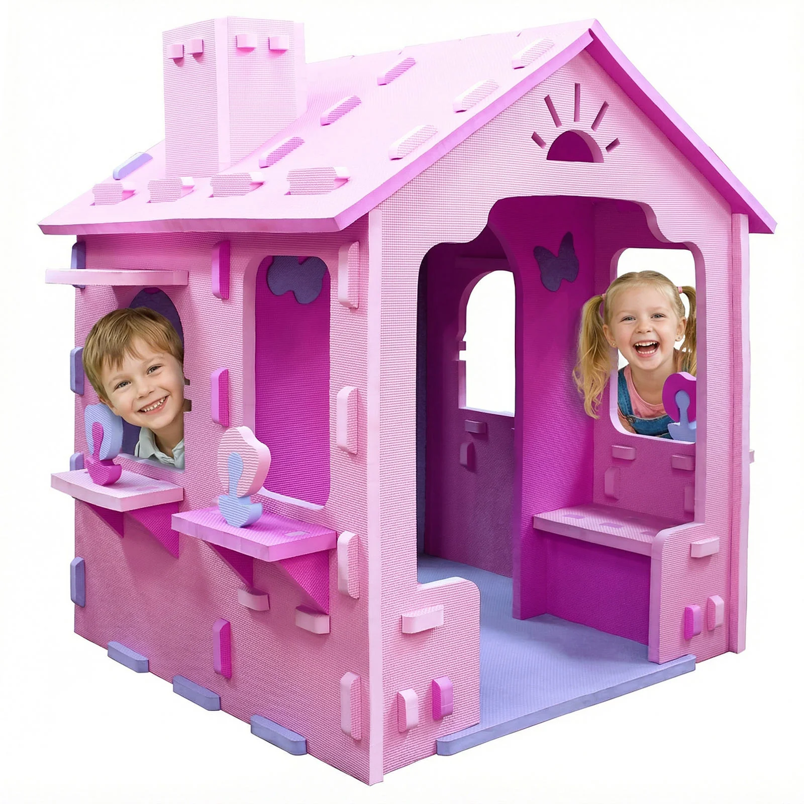 Indoor Cottage Playset with Roof and Chimney for Creative Play-PI, Pink & Purple - Image 5