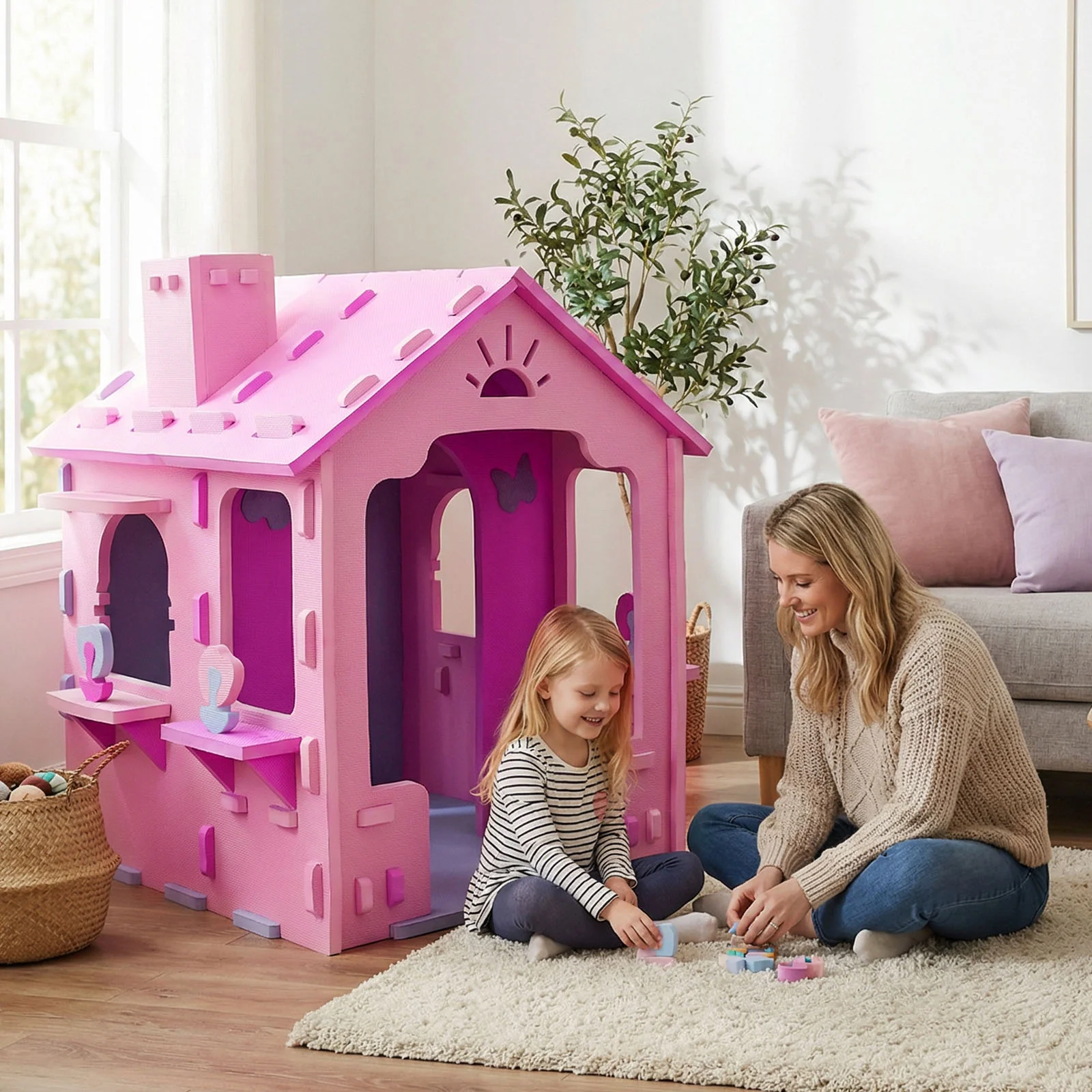 Indoor Cottage Playset with Roof and Chimney for Creative Play-PI, Pink & Purple - Image 7