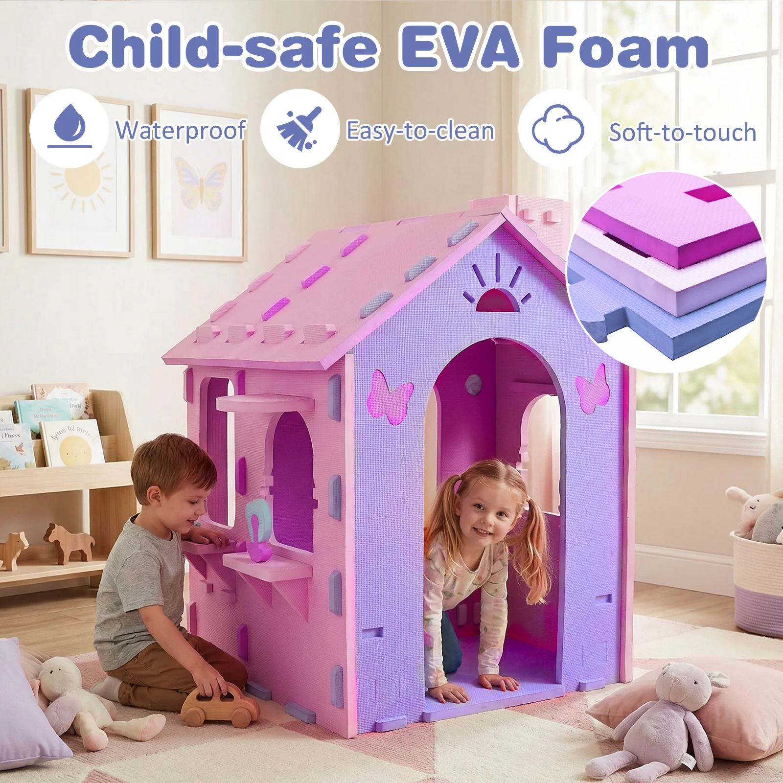 Indoor Cottage Playset with Roof and Chimney for Creative Play-PI, Pink & Purple - Image 8