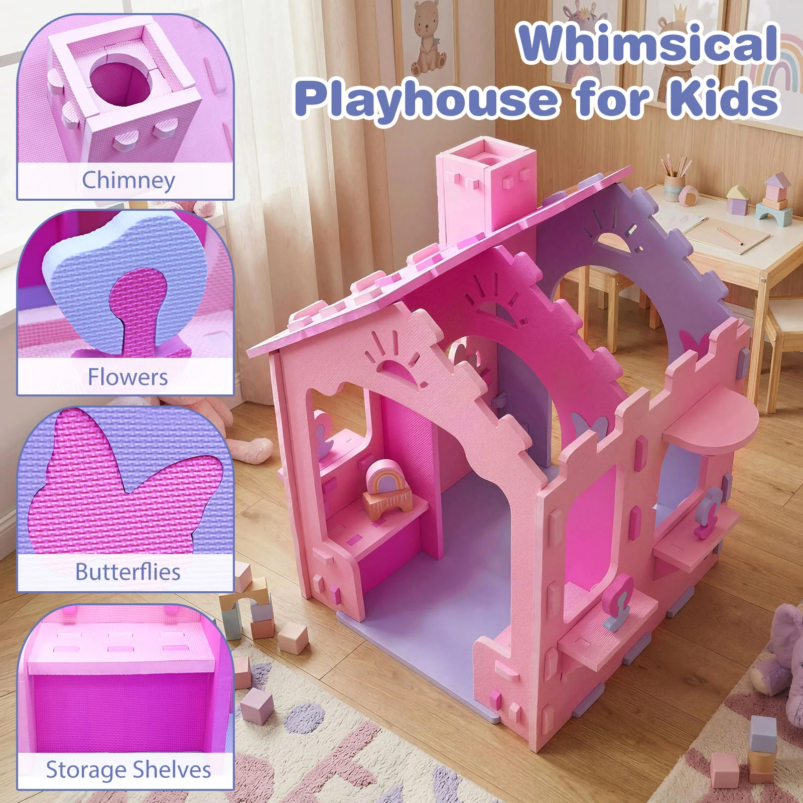 Indoor Cottage Playset with Roof and Chimney for Creative Play-PI, Pink & Purple - Image 9