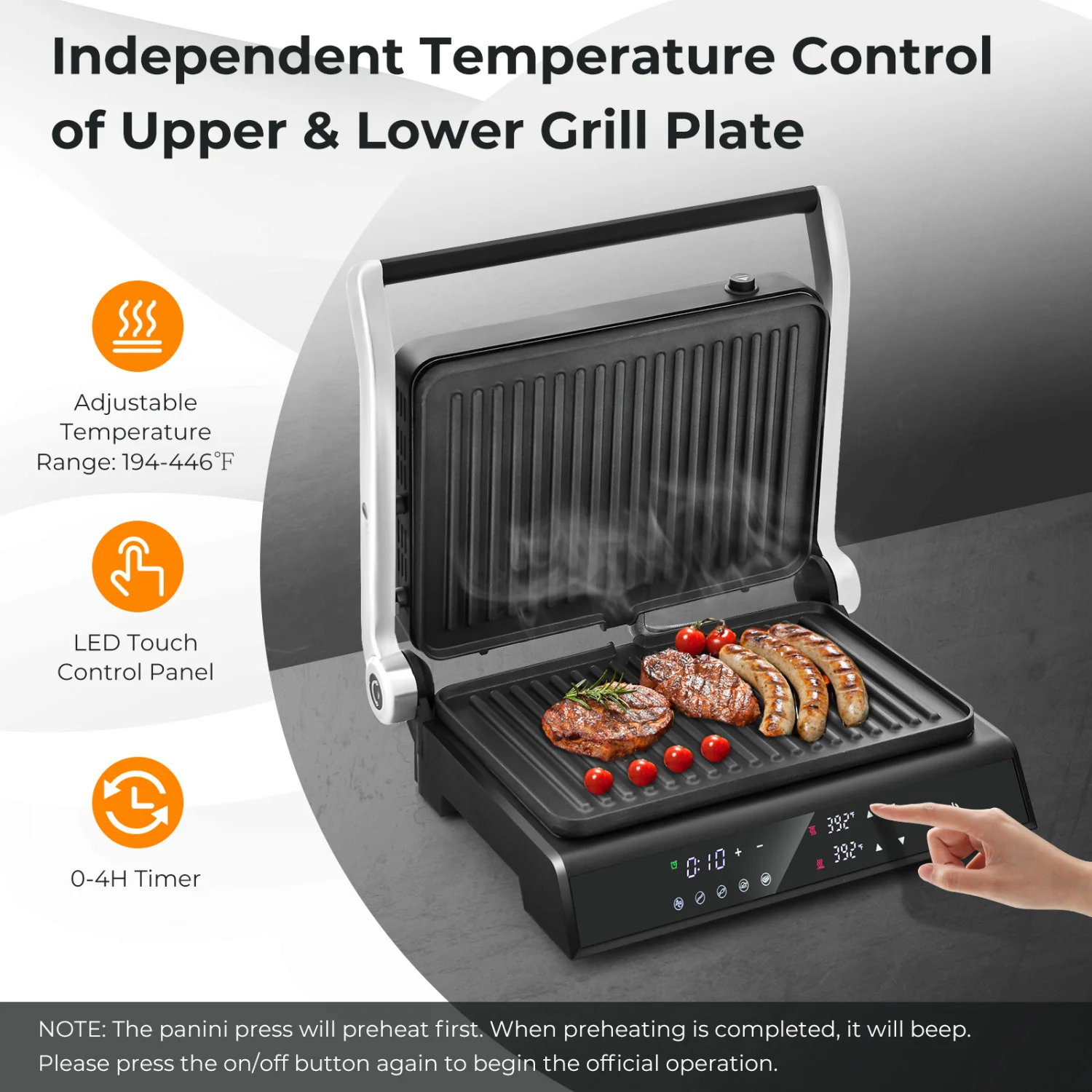Indoor Electric Panini Press Grill, LED Display, Black - Image 10