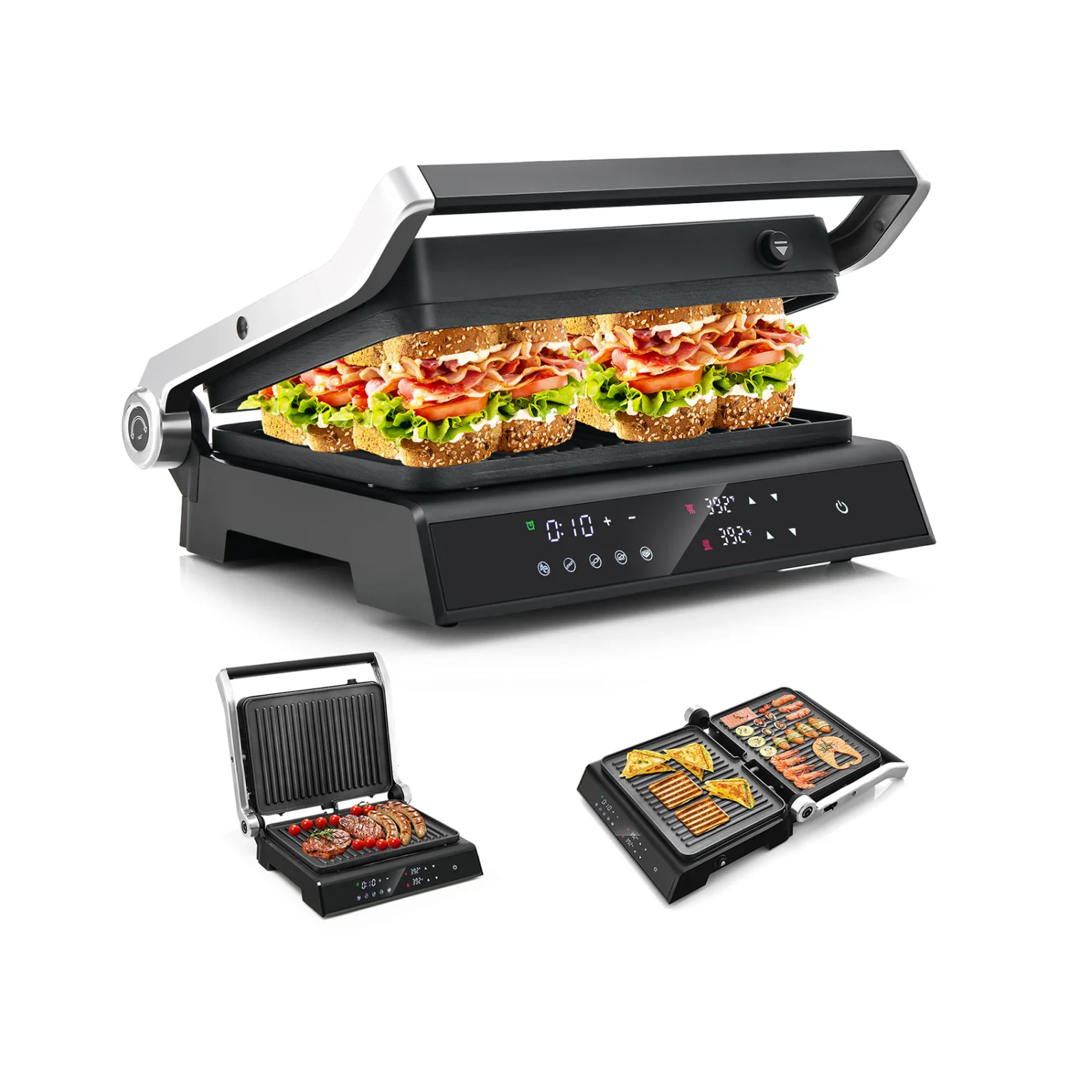 Indoor Electric Panini Press Grill, LED Display, Black - Image 4