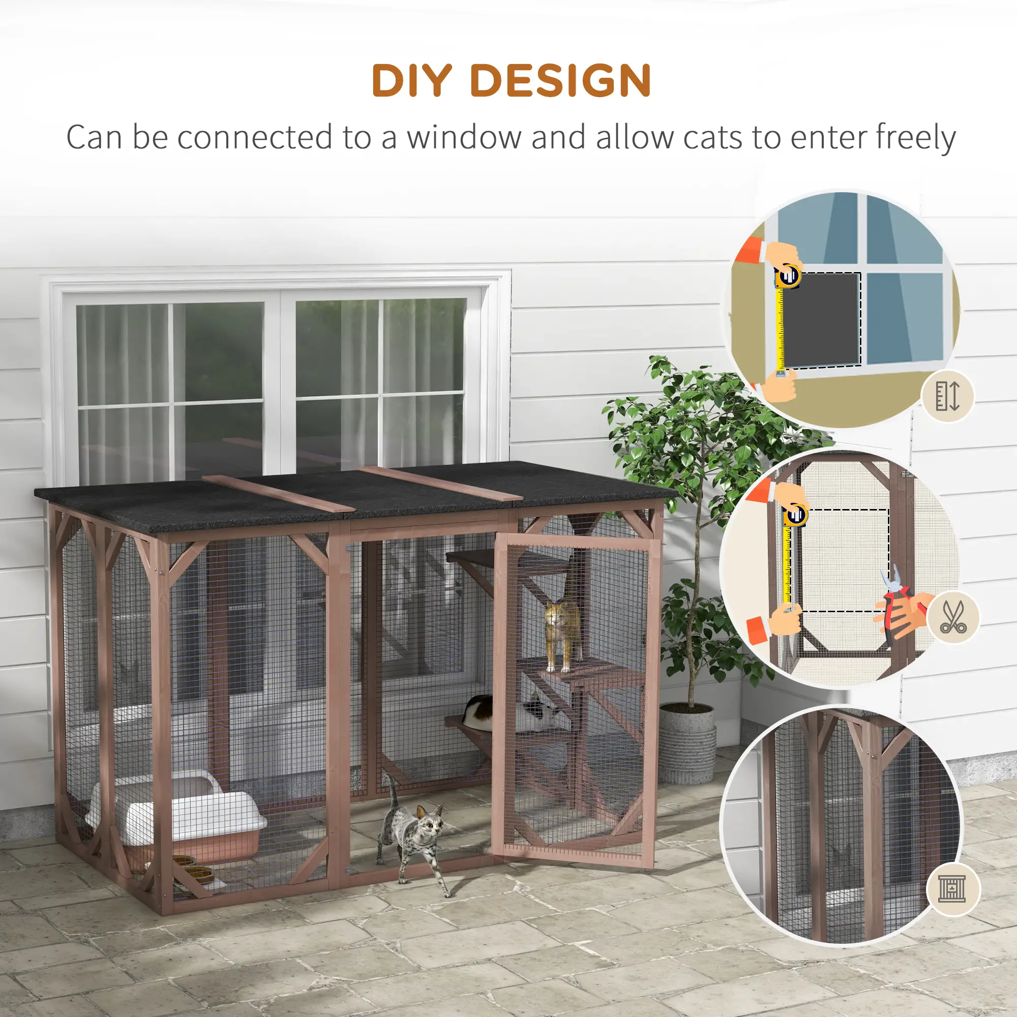 Indoor Outdoor Cat Cage, Catio Enclosure, Small Animal Hutch for Rabbit, Kitten, 3-Level, Lock, Camel - Image 4