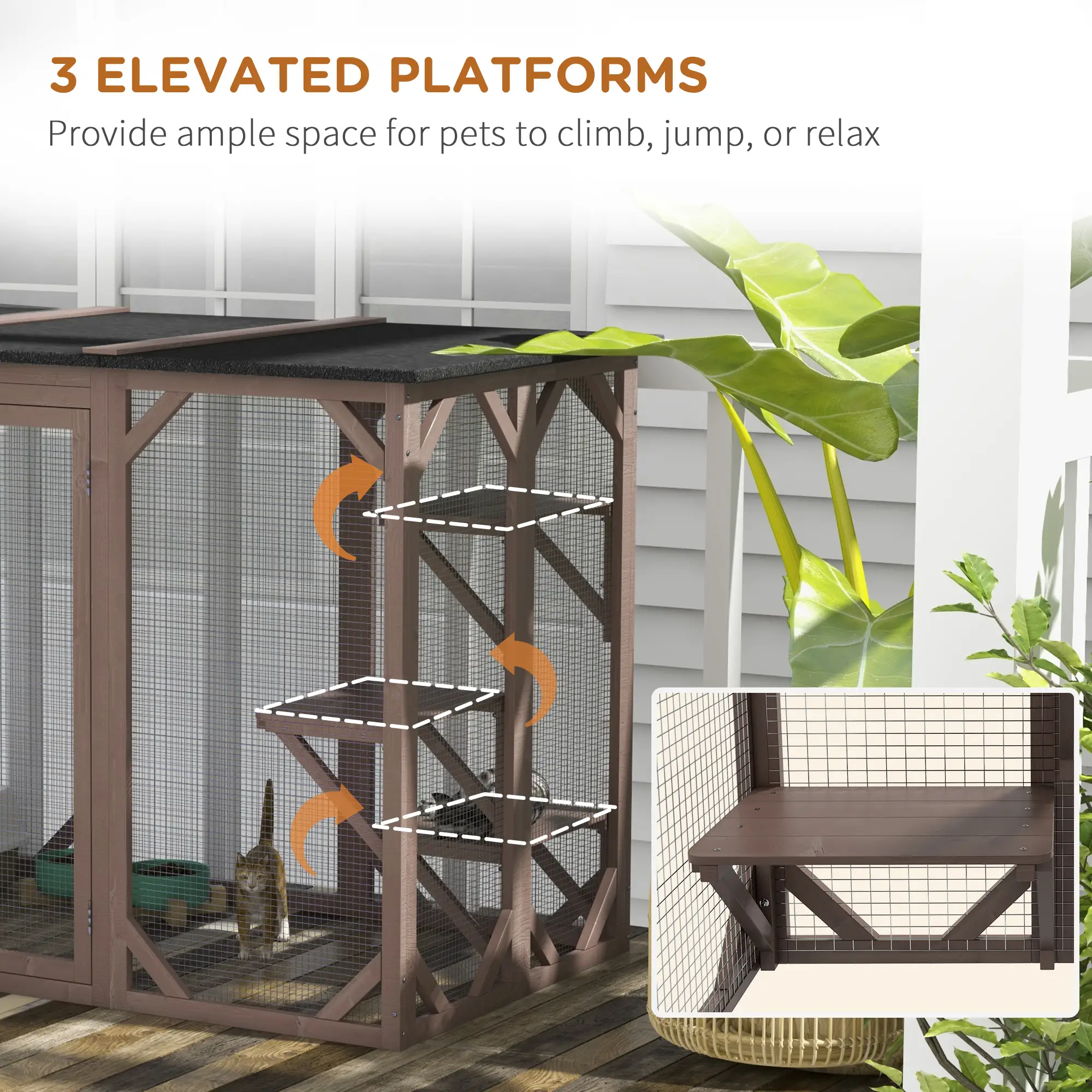 Indoor Outdoor Cat Cage, Catio Enclosure, Small Animal Hutch for Rabbit, Kitten, 3-Level, Lock, Camel - Image 6