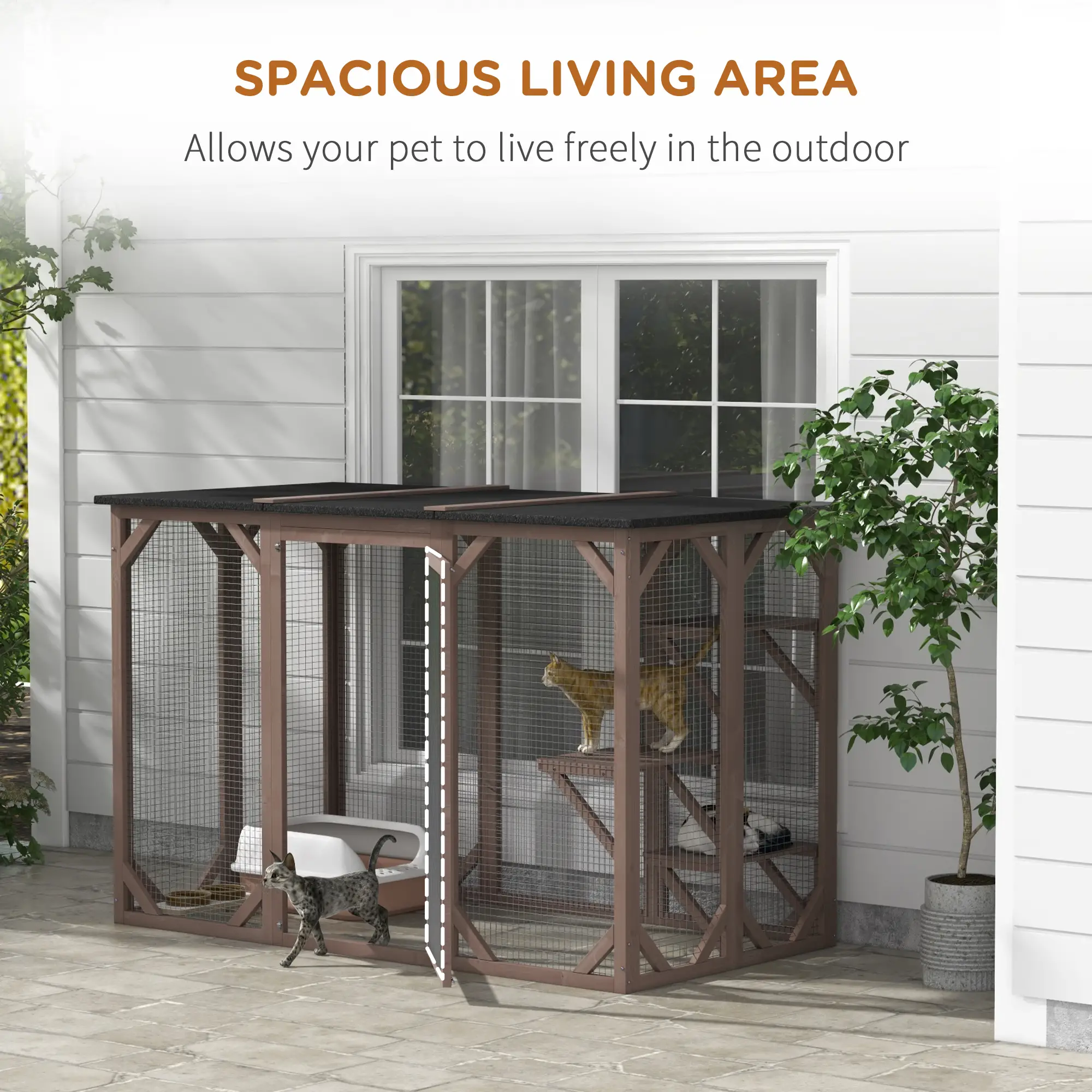 Indoor Outdoor Cat Cage, Catio Enclosure, Small Animal Hutch for Rabbit, Kitten, 3-Level, Lock, Camel - Image 7