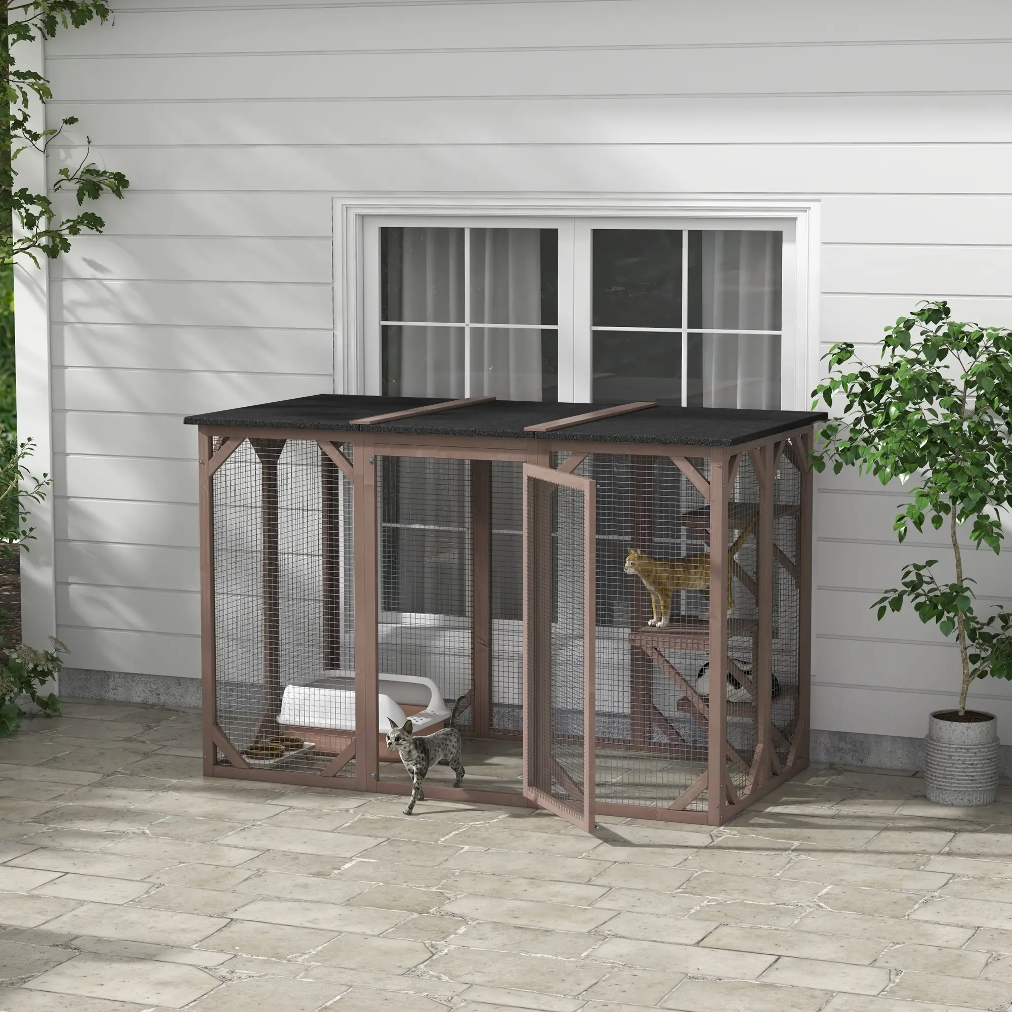 Indoor Outdoor Cat Cage, Catio Enclosure, Small Animal Hutch for Rabbit, Kitten, 3-Level, Lock, Camel - Image 8