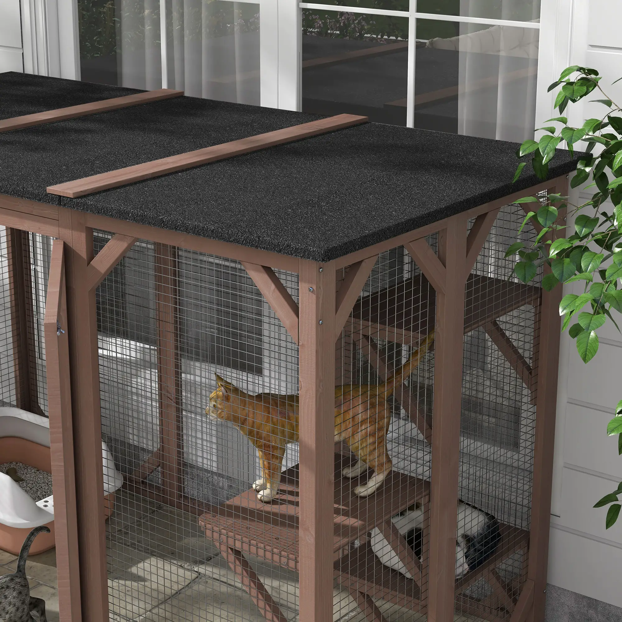 Indoor Outdoor Cat Cage, Catio Enclosure, Small Animal Hutch for Rabbit, Kitten, 3-Level, Lock, Camel - Image 9