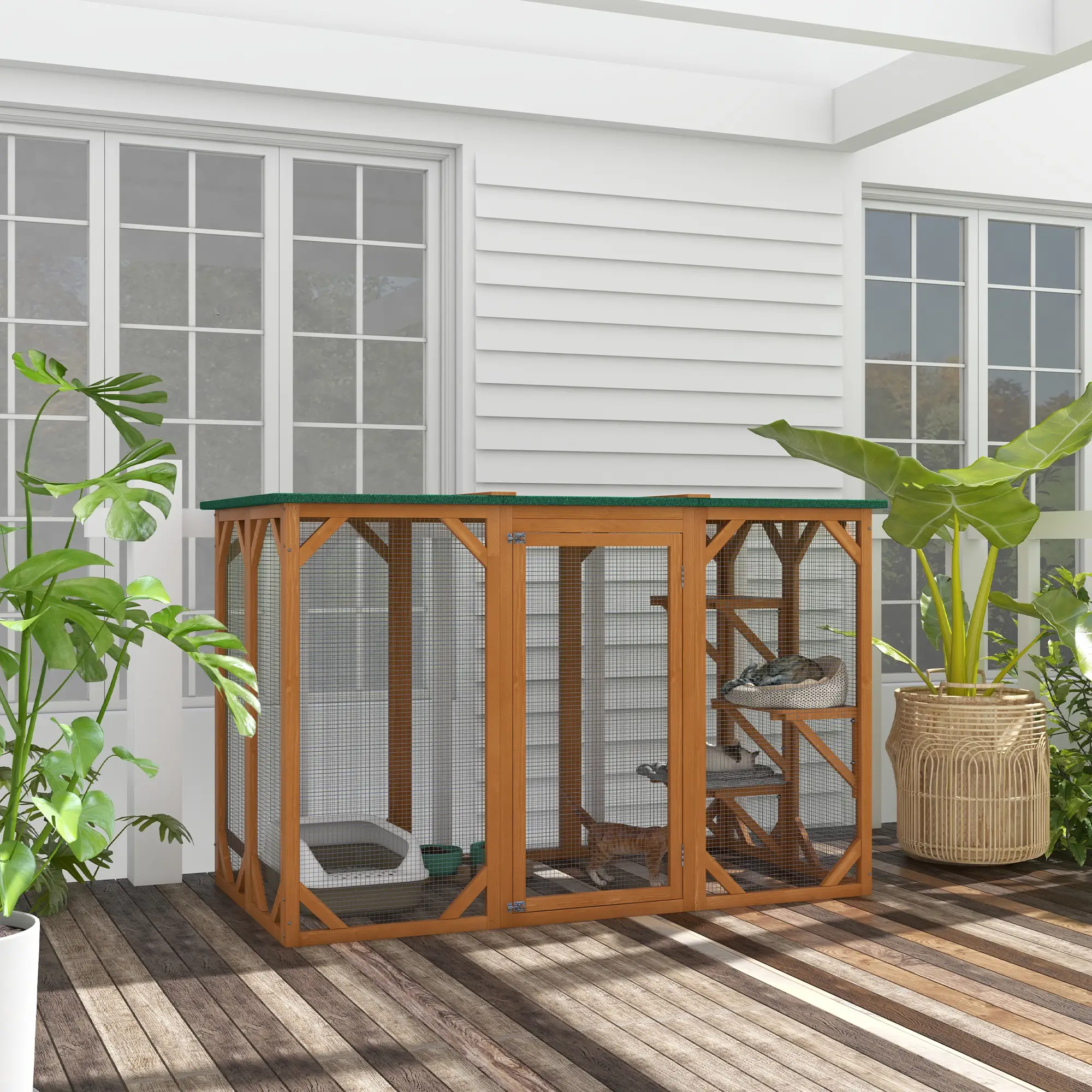 Indoor Outdoor Cat Cage, Pet House for Rabbit Kitten, Small Animal Hutch with Waterproof Roof, Multi-Level Platforms, Lock, Orange - Image 2