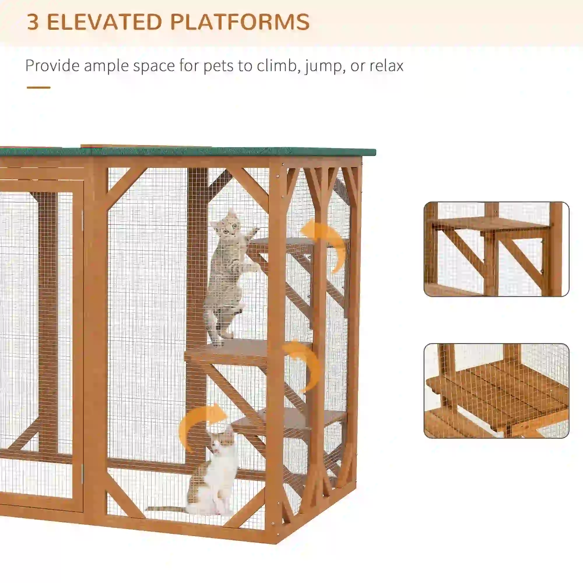 Indoor Outdoor Cat Cage, Pet House for Rabbit Kitten, Small Animal Hutch with Waterproof Roof, Multi-Level Platforms, Lock, Orange - Image 6
