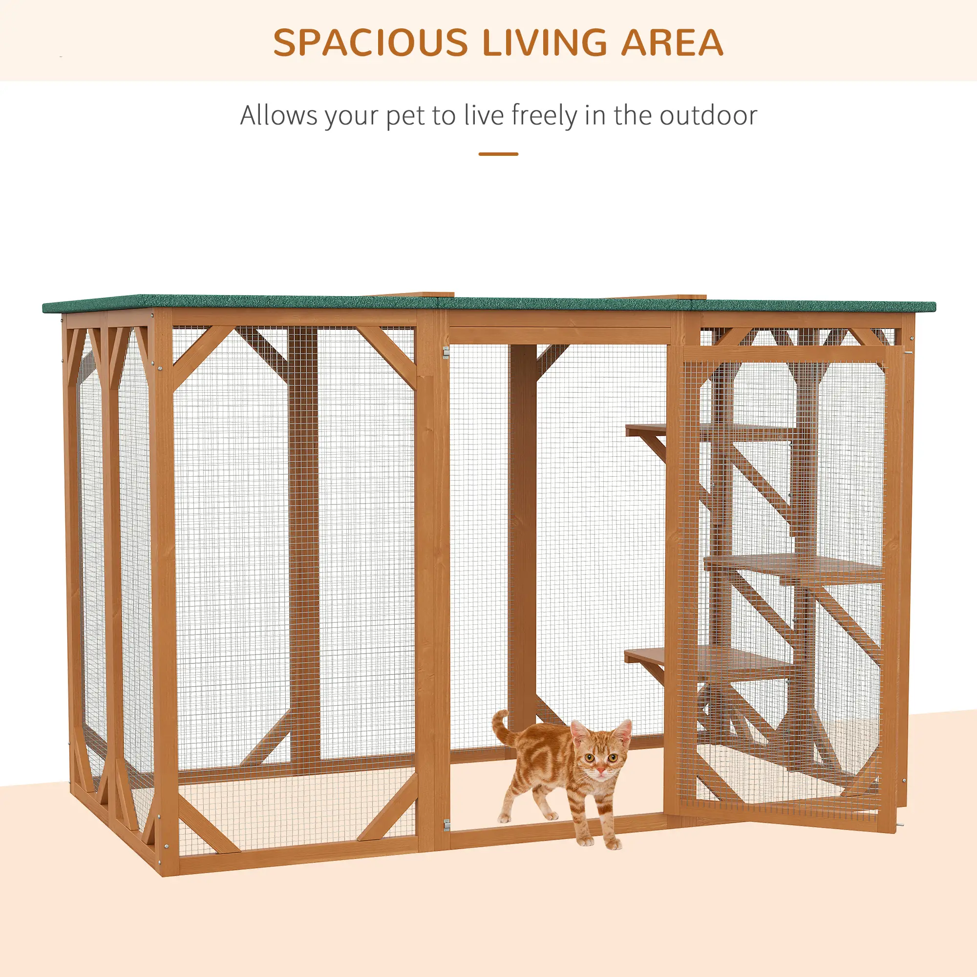 Indoor Outdoor Cat Cage, Pet House for Rabbit Kitten, Small Animal Hutch with Waterproof Roof, Multi-Level Platforms, Lock, Orange - Image 7