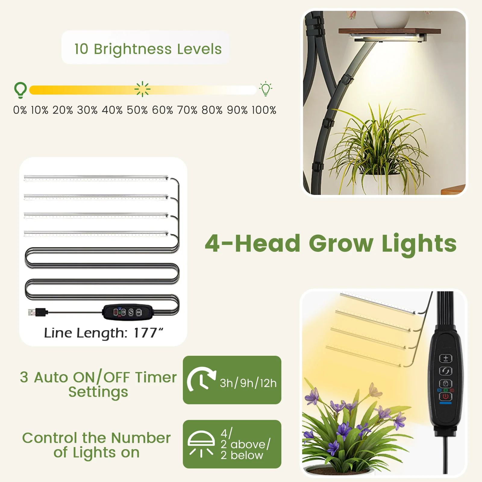 Indoor Plant Stand With Grow Lights, 58" Tall 8-Tier Corner Metal Shelf, Brown - Image 10
