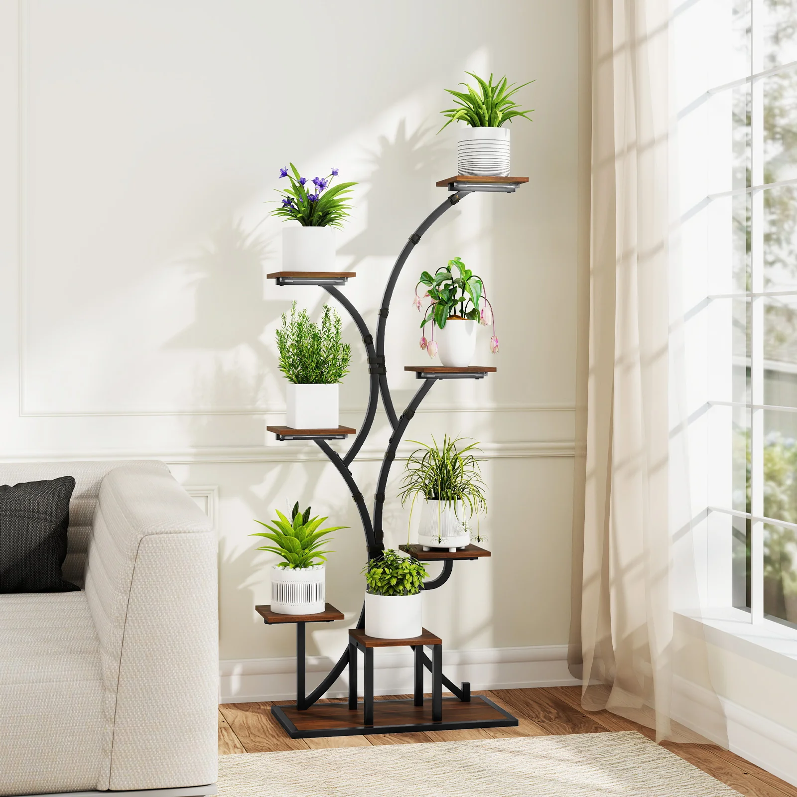 Indoor Plant Stand With Grow Lights, 58" Tall 8-Tier Corner Metal Shelf, Brown - Image 8