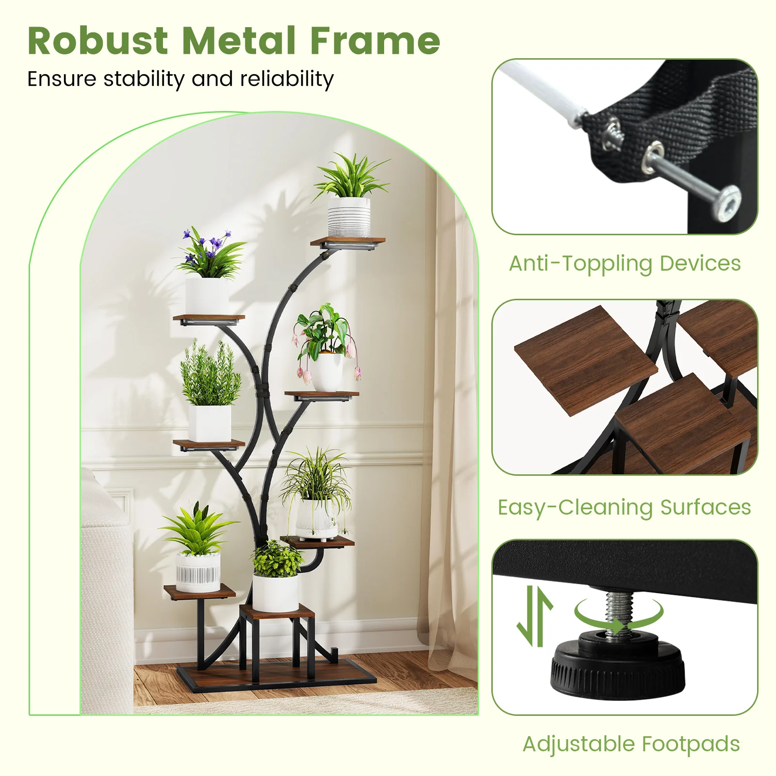 Indoor Plant Stand With Grow Lights, 58" Tall 8-Tier Corner Metal Shelf, Brown - Image 10