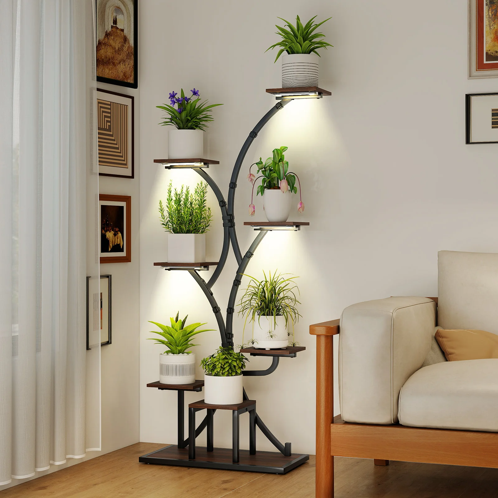 Indoor Plant Stand With Grow Lights, 58" Tall 8-Tier Corner Metal Shelf, Brown - Image 3