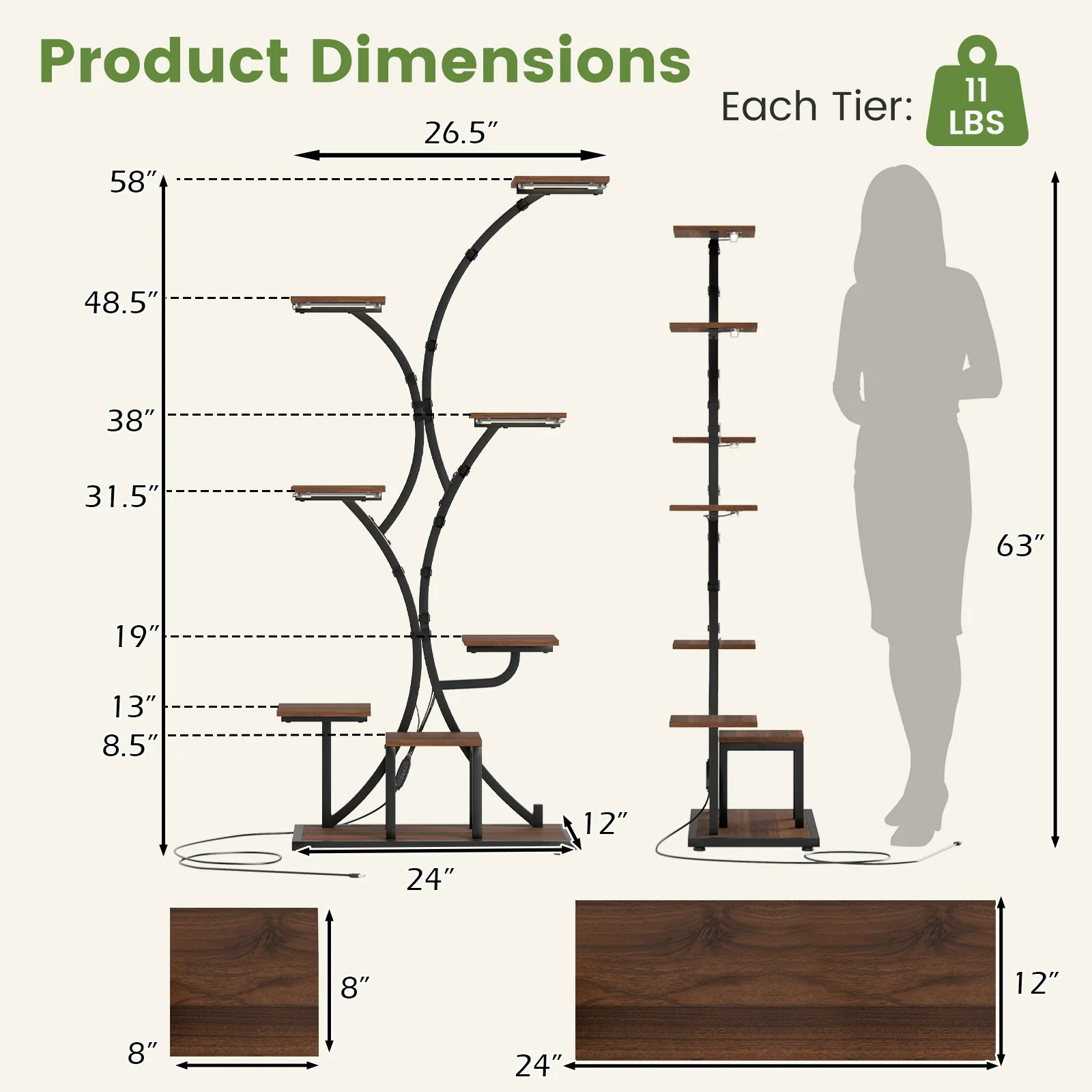 Indoor Plant Stand With Grow Lights, 58" Tall 8-Tier Corner Metal Shelf, Brown - Image 6