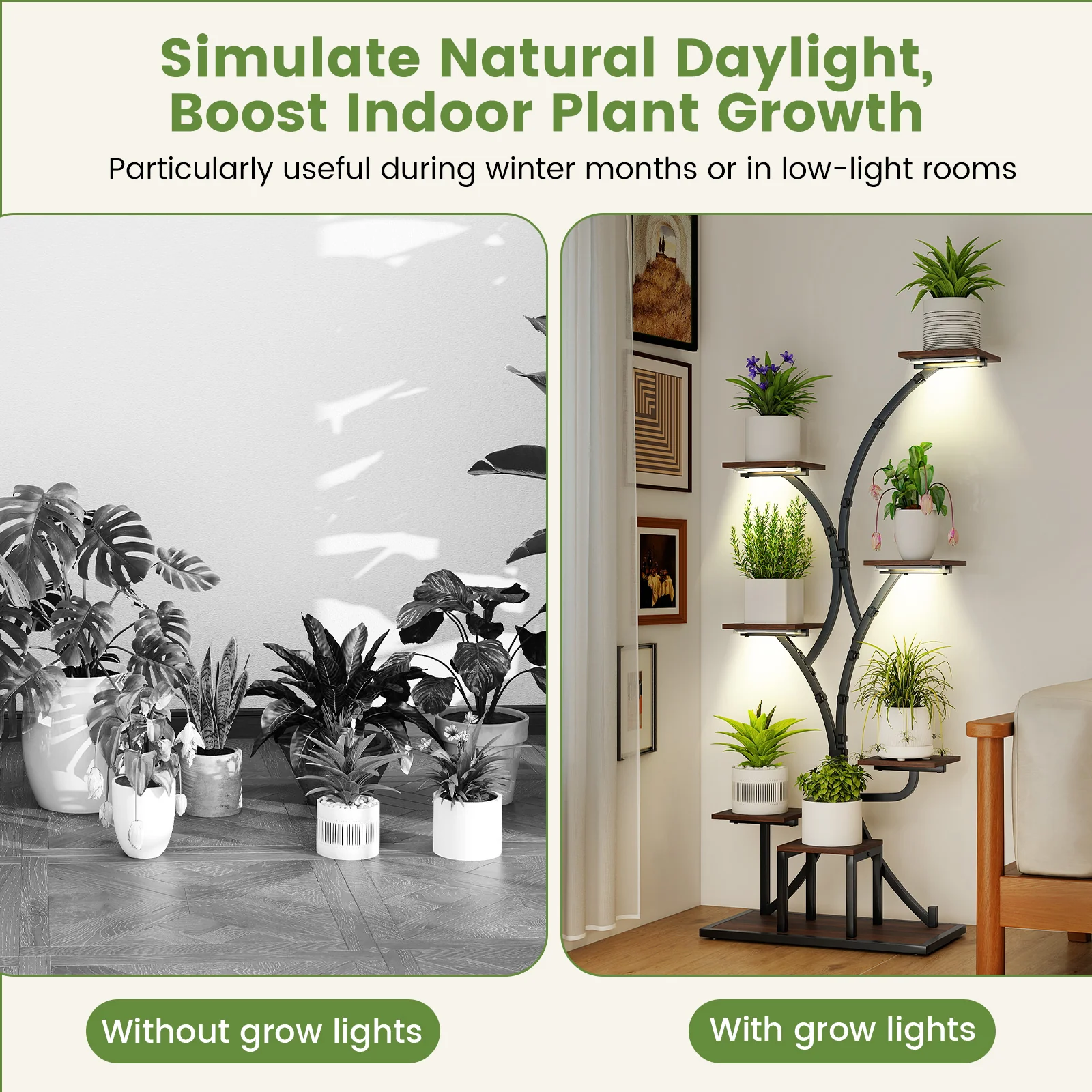 Indoor Plant Stand With Grow Lights, 58" Tall 8-Tier Corner Metal Shelf, Brown - Image 8