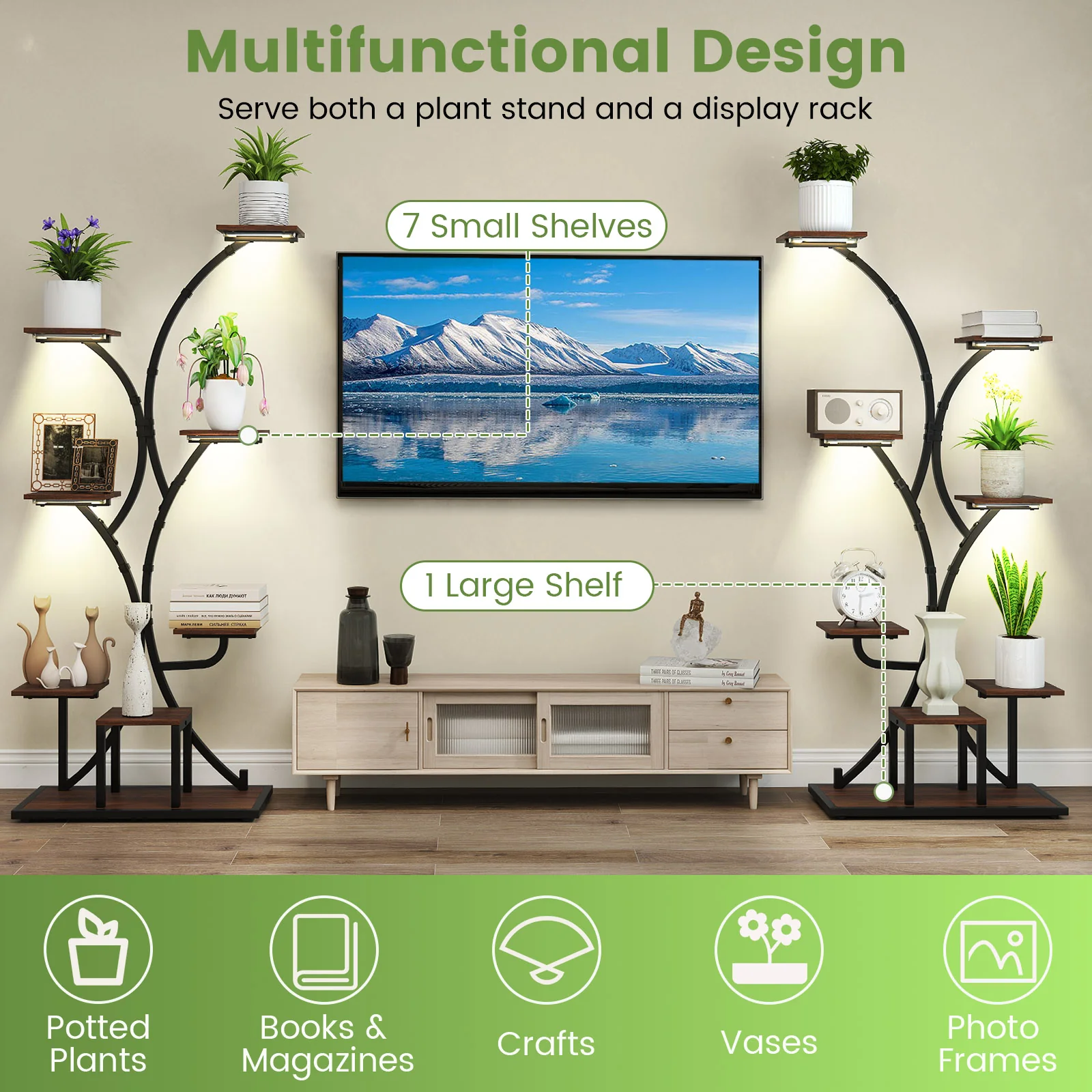 Indoor Plant Stand With Grow Lights, 58" Tall 8-Tier Corner Metal Shelf, Brown - Image 9