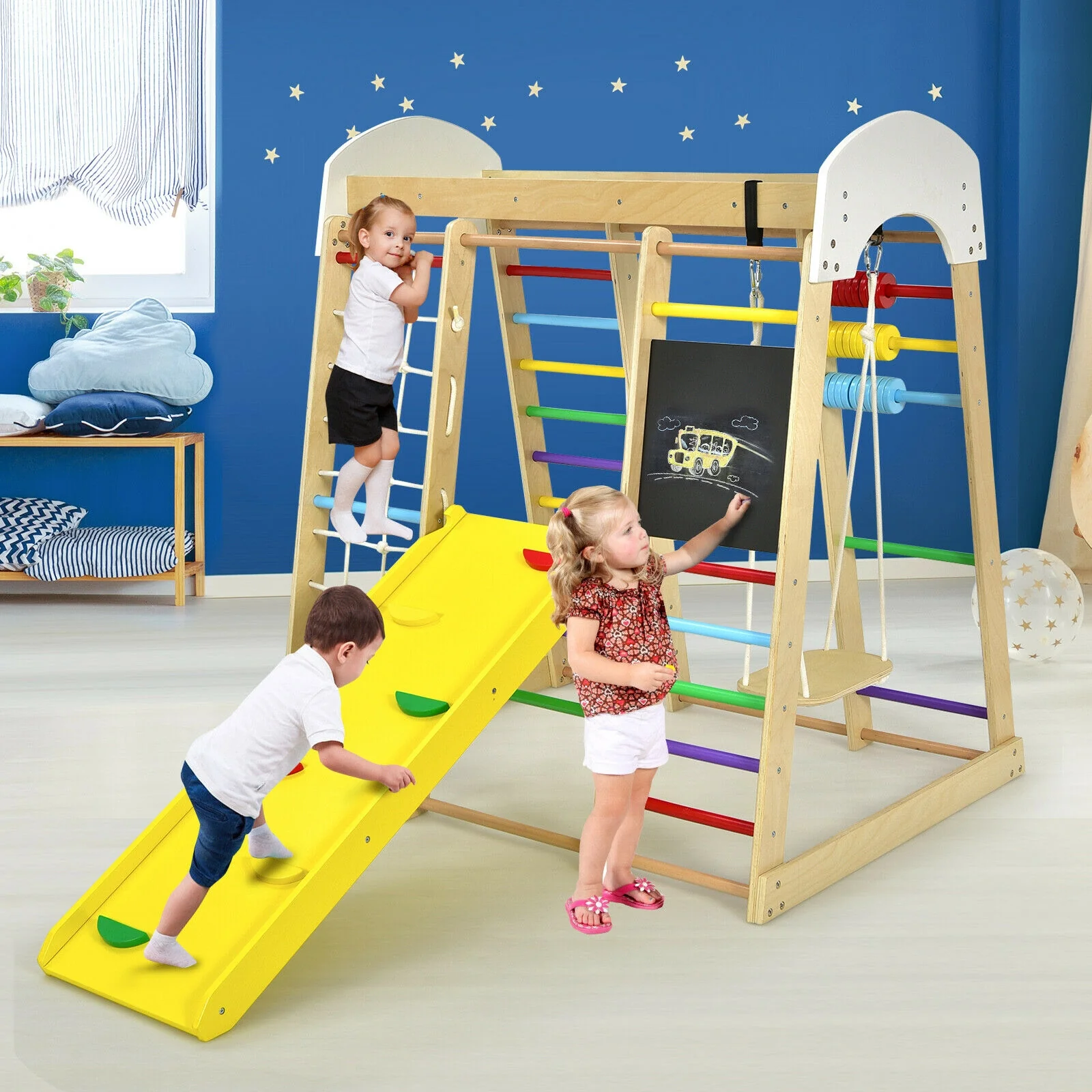 Indoor Playground Climbing Gym, Wooden 8-in-1 Climber Playset, Multicolor - Image 10