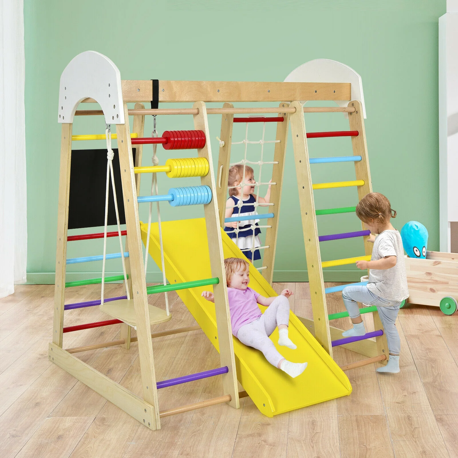 Indoor Playground Climbing Gym, Wooden 8-in-1 Climber Playset, Multicolor - Image 2