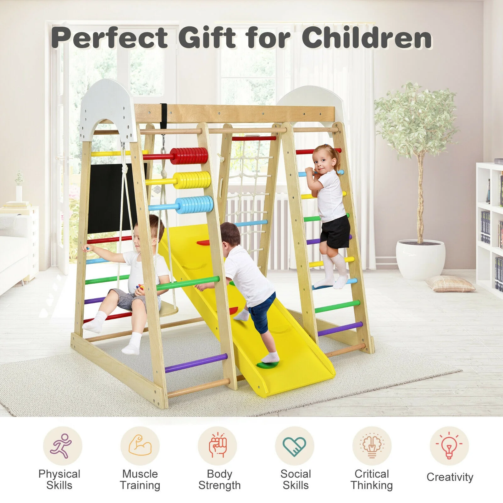 Indoor Playground Climbing Gym, Wooden 8-in-1 Climber Playset, Multicolor - Image 7