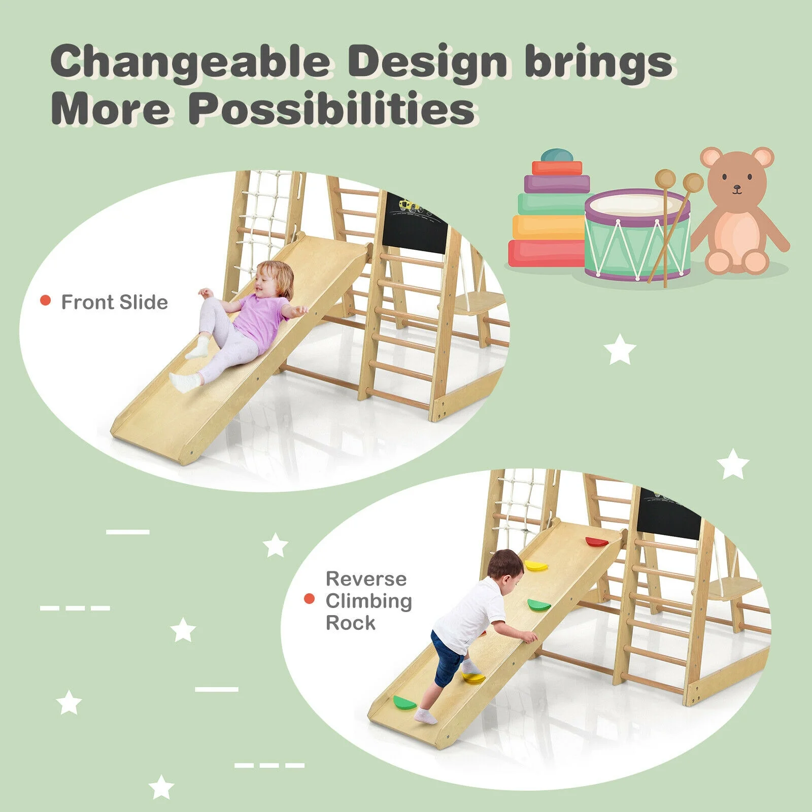 Indoor Playground Climbing Gym, Wooden 8-in-1 Climber Playset, Natural - Image 10