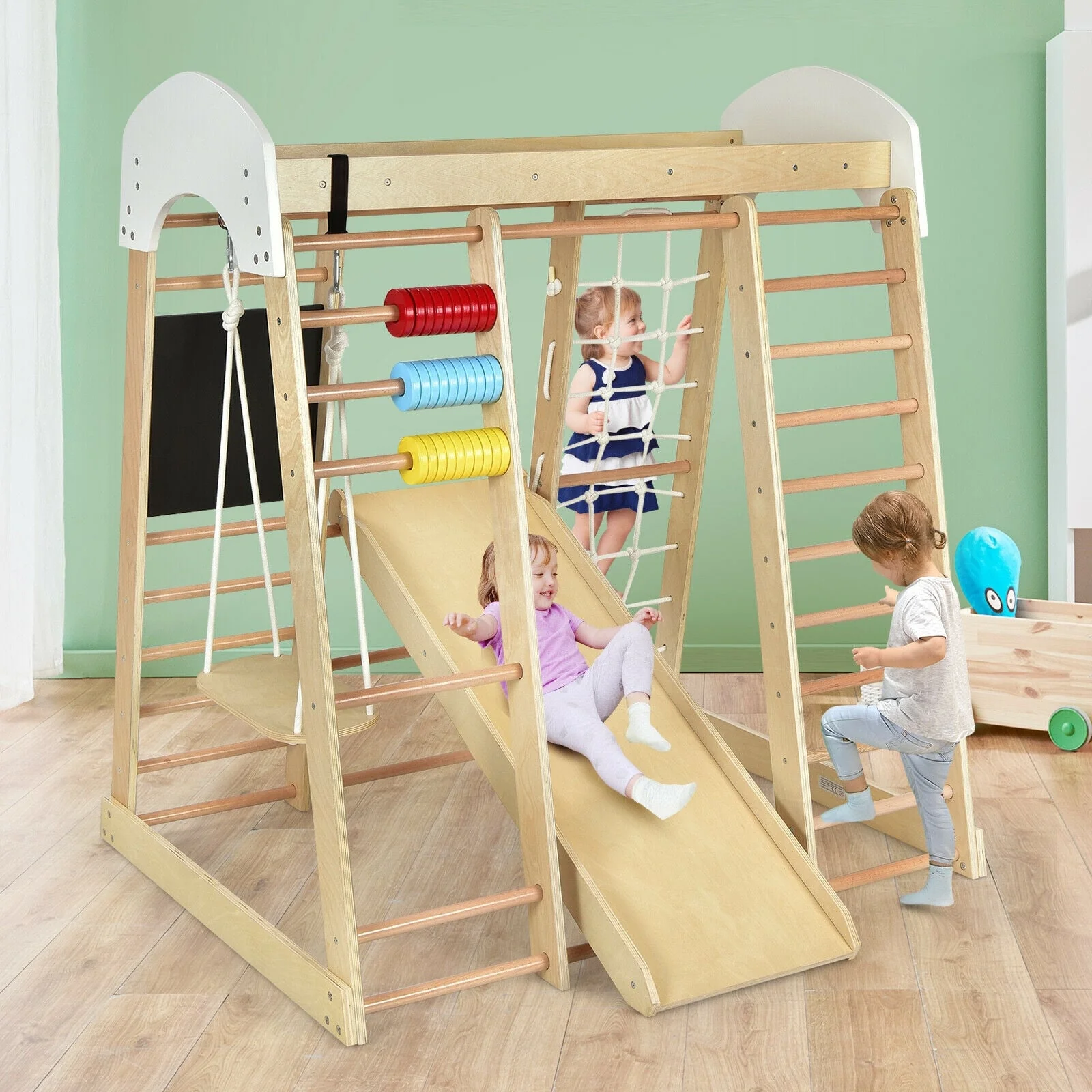 Indoor Playground Climbing Gym, Wooden 8-in-1 Climber Playset, Natural - Image 2