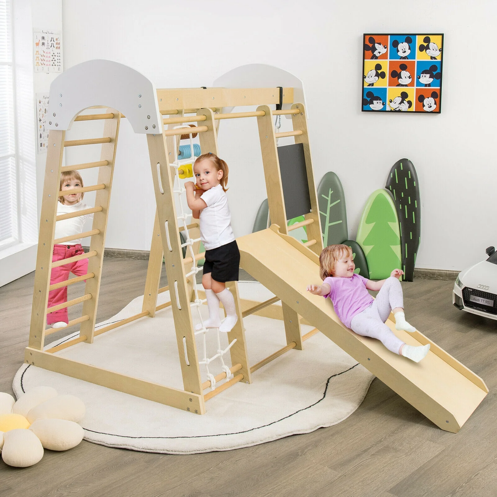 Indoor Playground Climbing Gym, Wooden 8-in-1 Climber Playset, Natural - Image 3