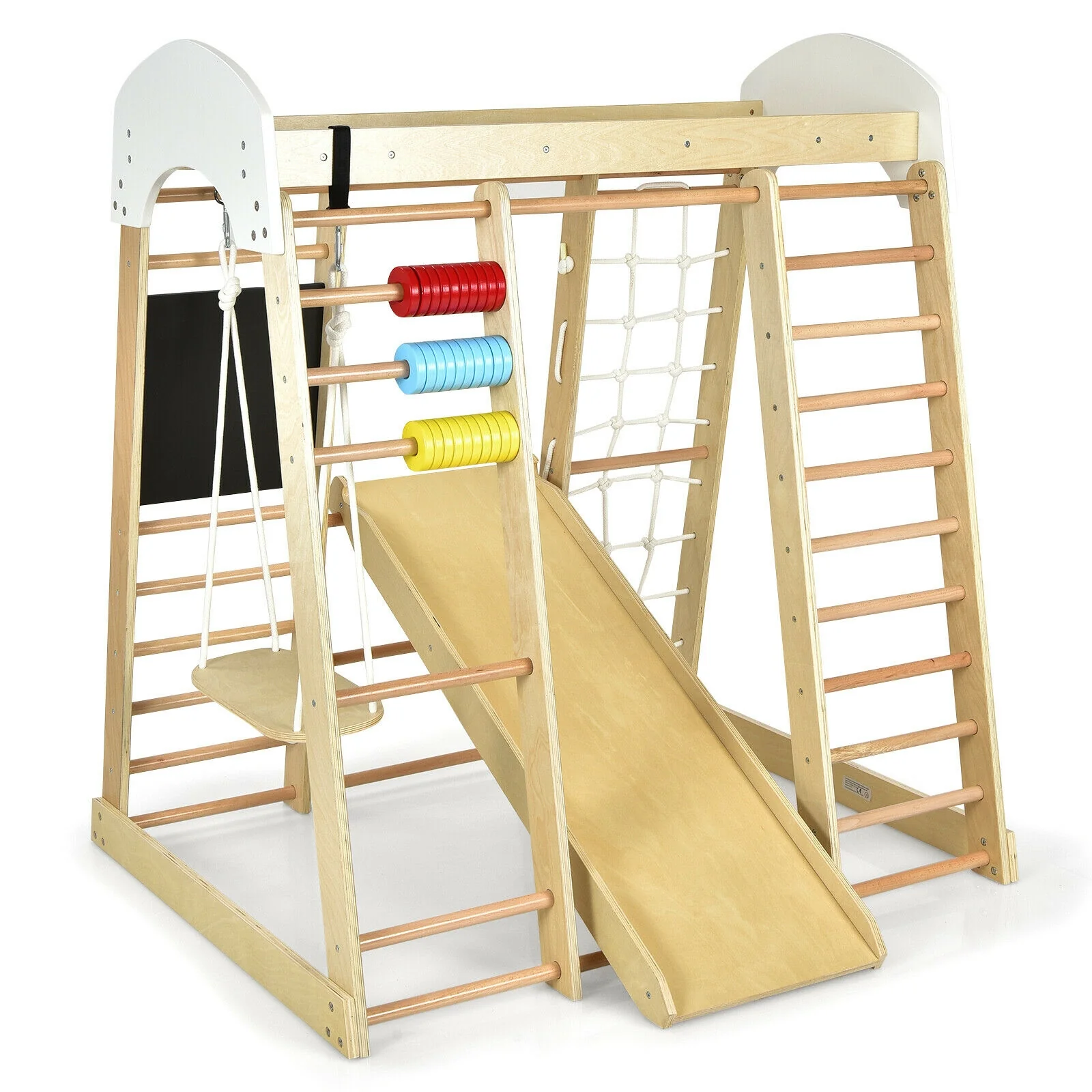 Indoor Playground Climbing Gym, Wooden 8-in-1 Climber Playset, Natural - Image 4