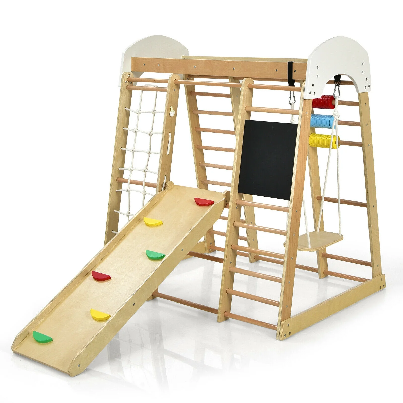 Indoor Playground Climbing Gym, Wooden 8-in-1 Climber Playset, Natural - Image 5