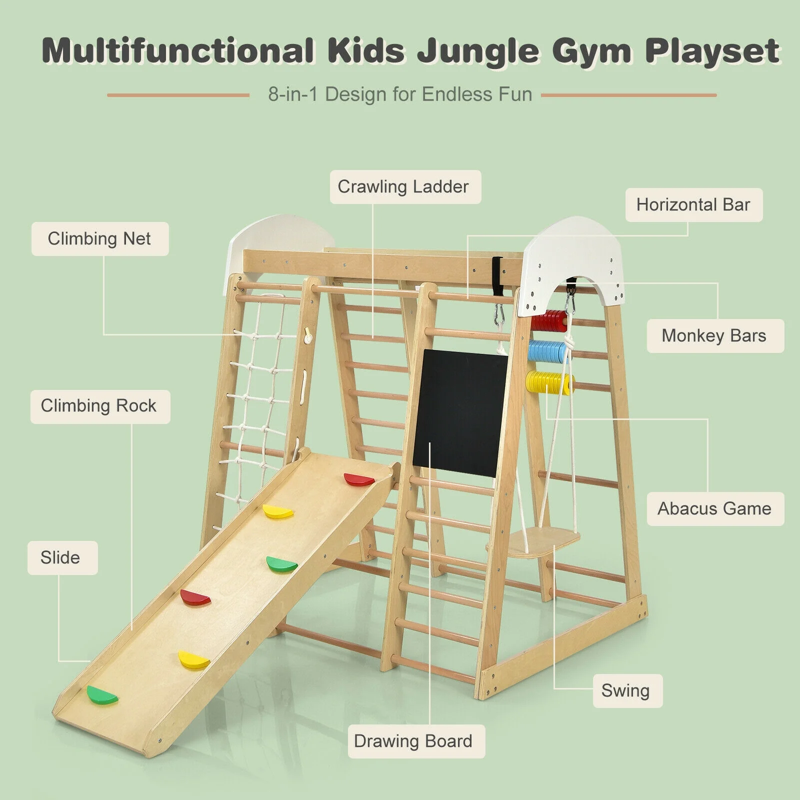 Indoor Playground Climbing Gym, Wooden 8-in-1 Climber Playset, Natural - Image 8