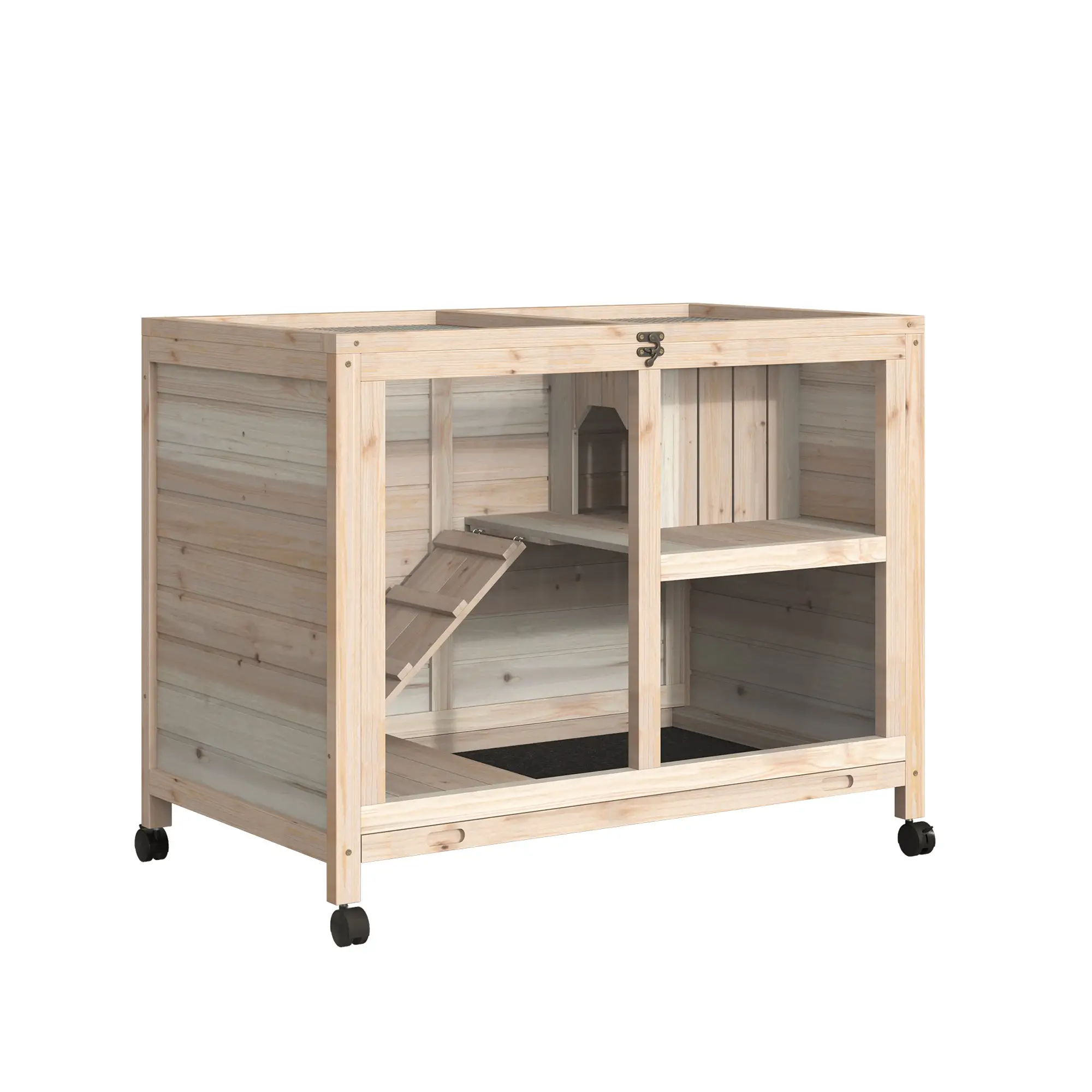 Indoor Rabbit Hutch with Wheels, Guinea Pig Cage, Top Access, Ramp, Pull Out Tray, Natural Wood