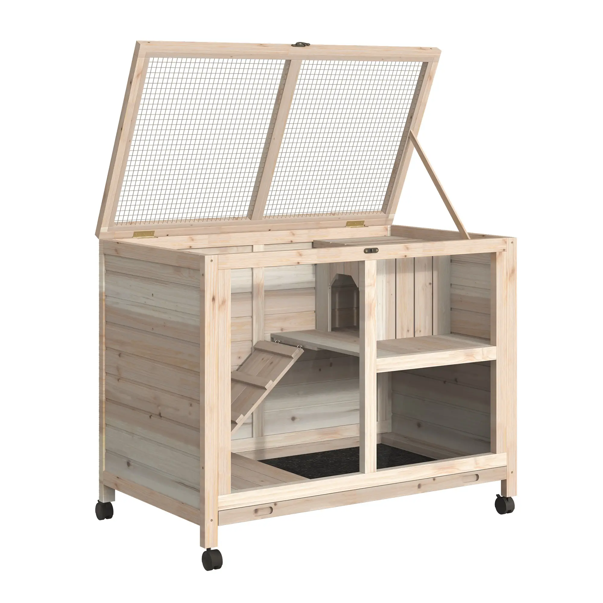 Indoor Rabbit Hutch with Wheels, Guinea Pig Cage, Top Access, Ramp, Pull Out Tray, Natural Wood - Image 10