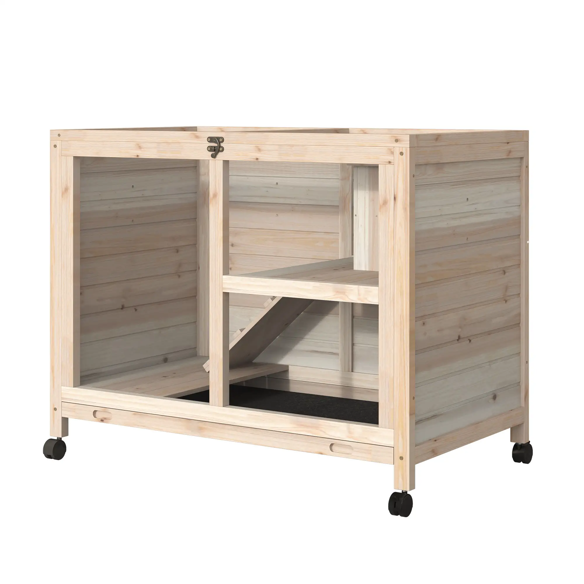 Indoor Rabbit Hutch with Wheels, Guinea Pig Cage, Top Access, Ramp, Pull Out Tray, Natural Wood - Image 11