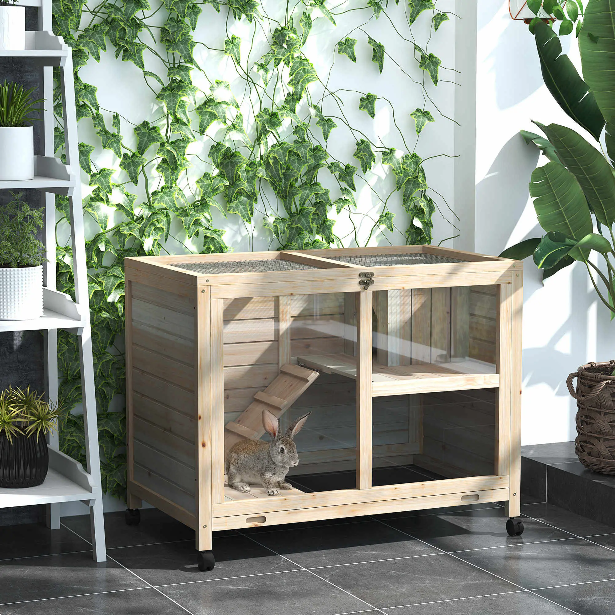 Indoor Rabbit Hutch with Wheels, Guinea Pig Cage, Top Access, Ramp, Pull Out Tray, Natural Wood - Image 2
