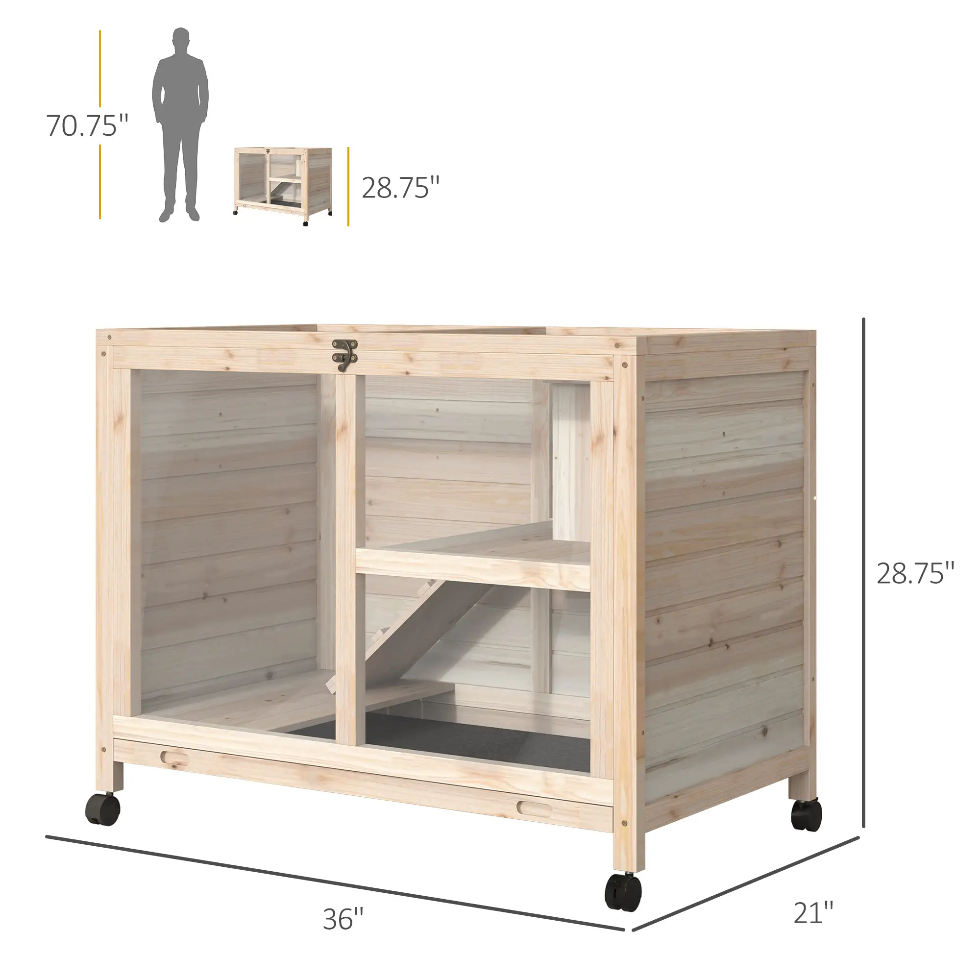 Indoor Rabbit Hutch with Wheels, Guinea Pig Cage, Top Access, Ramp, Pull Out Tray, Natural Wood - Image 3