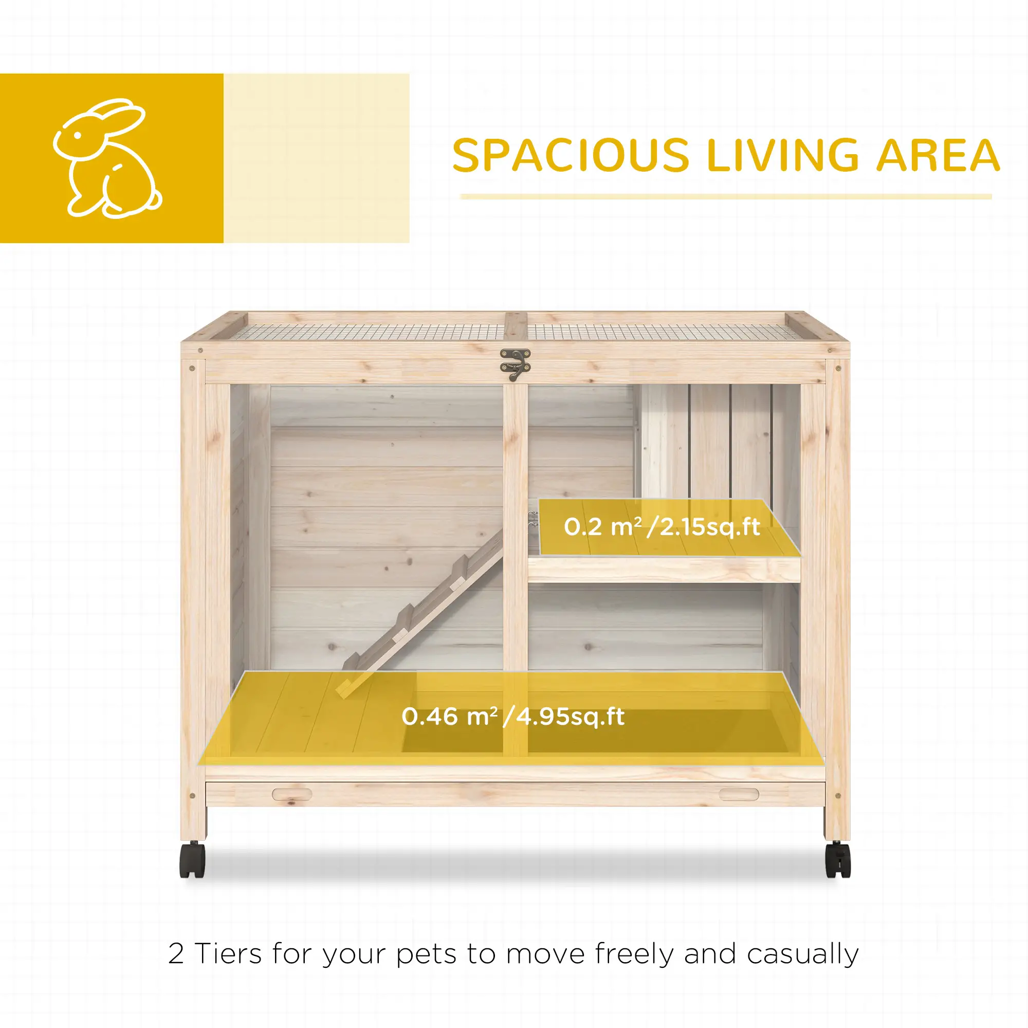 Indoor Rabbit Hutch with Wheels, Guinea Pig Cage, Top Access, Ramp, Pull Out Tray, Natural Wood - Image 4