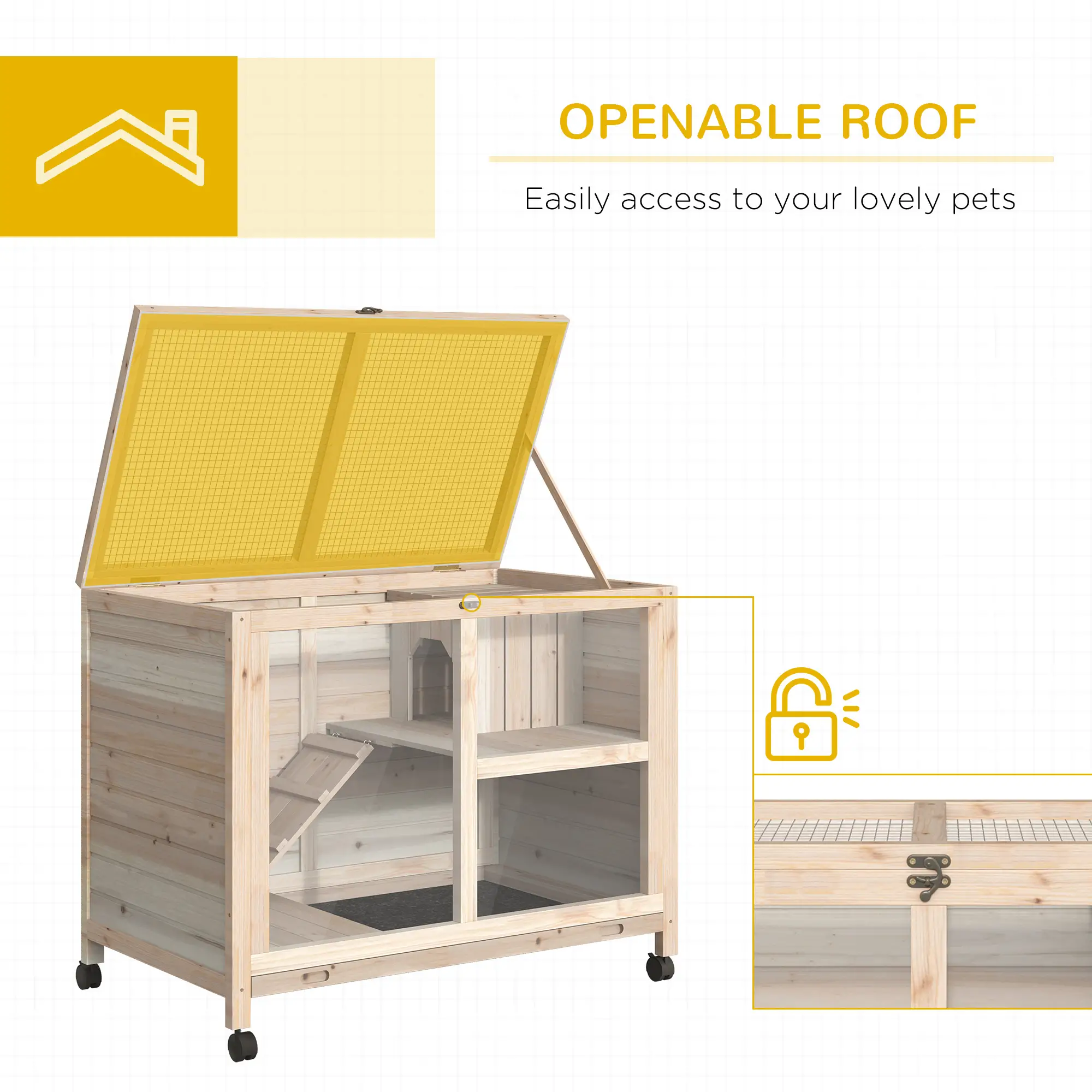 Indoor Rabbit Hutch with Wheels, Guinea Pig Cage, Top Access, Ramp, Pull Out Tray, Natural Wood - Image 5