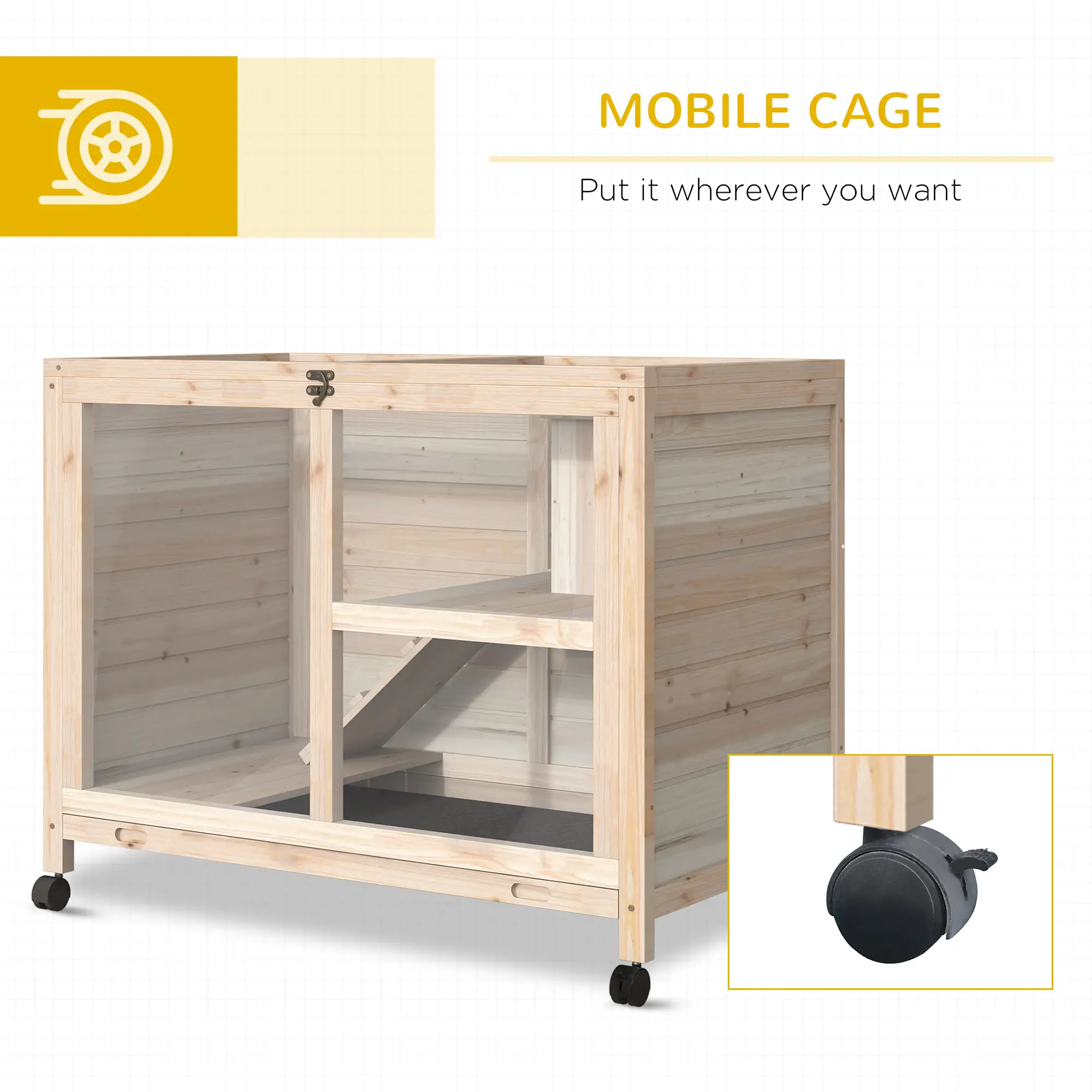 Indoor Rabbit Hutch with Wheels, Guinea Pig Cage, Top Access, Ramp, Pull Out Tray, Natural Wood - Image 6