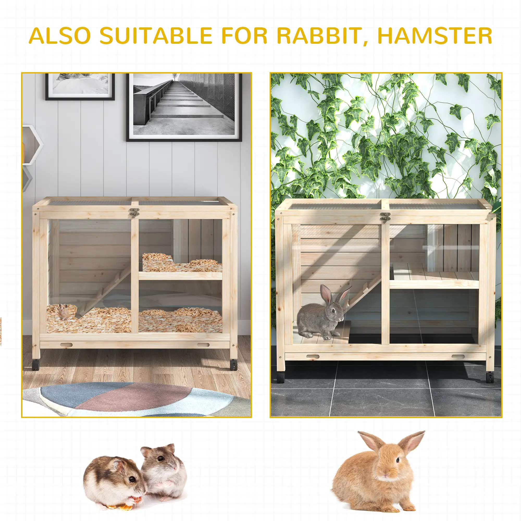 Indoor Rabbit Hutch with Wheels, Guinea Pig Cage, Top Access, Ramp, Pull Out Tray, Natural Wood - Image 7