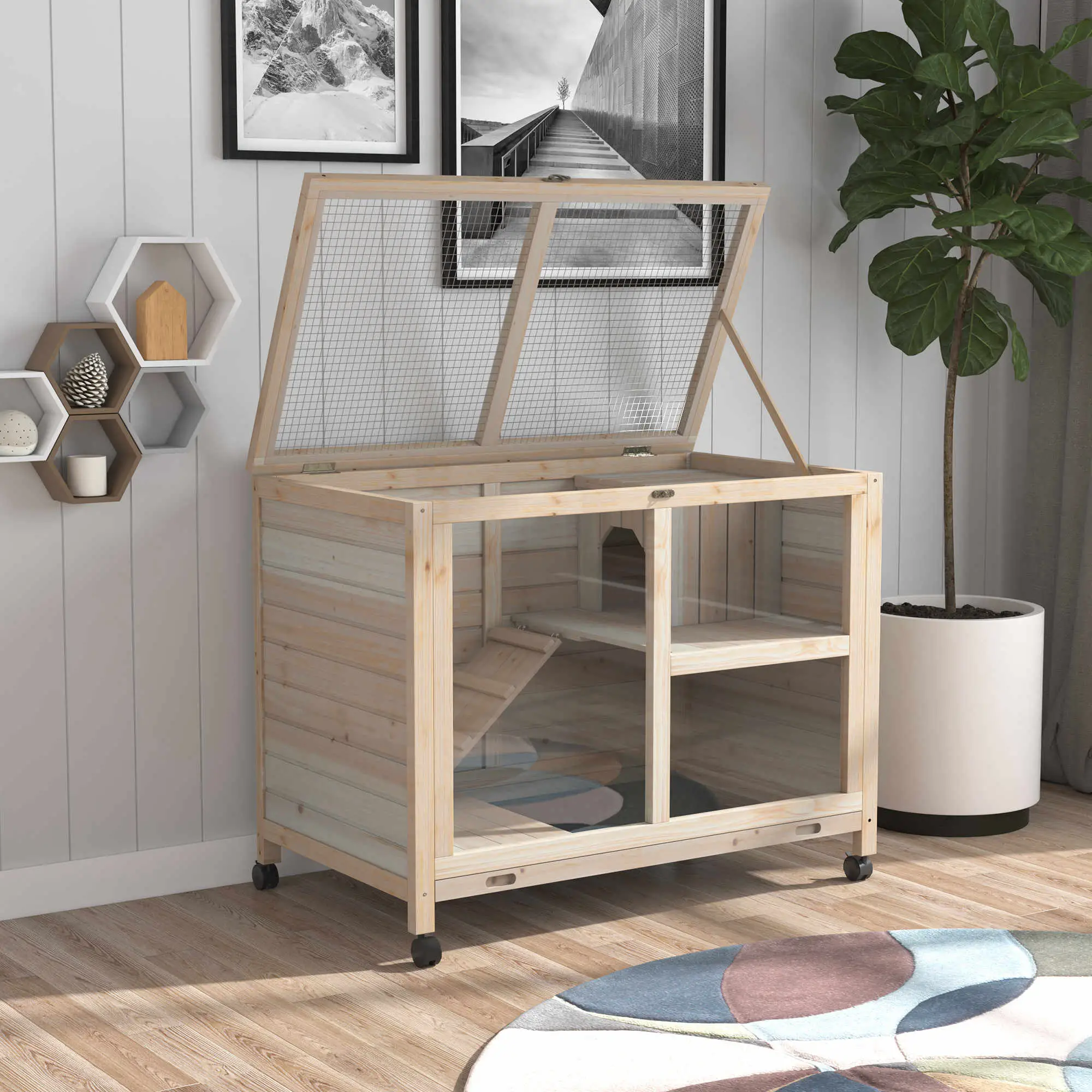 Indoor Rabbit Hutch with Wheels, Guinea Pig Cage, Top Access, Ramp, Pull Out Tray, Natural Wood - Image 8