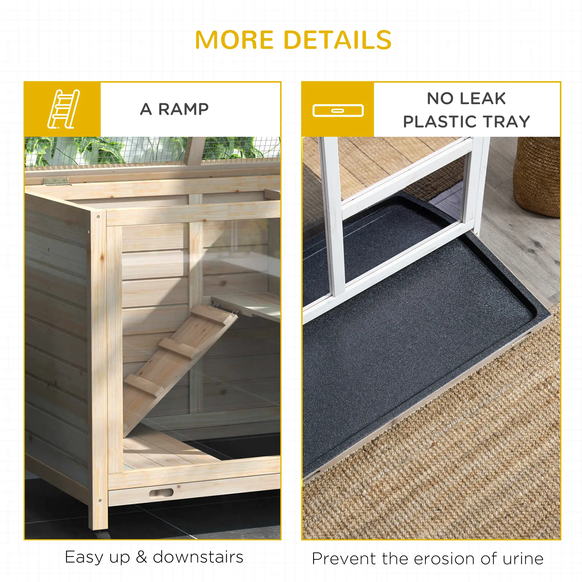 Indoor Rabbit Hutch with Wheels, Guinea Pig Cage, Top Access, Ramp, Pull Out Tray, Natural Wood - Image 9
