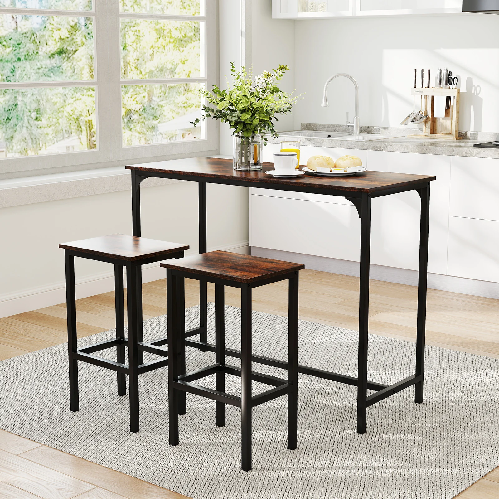 Industrial 3-Piece 47.5" Counter-Height Dining Table, 2 Bar Stools - Image 2