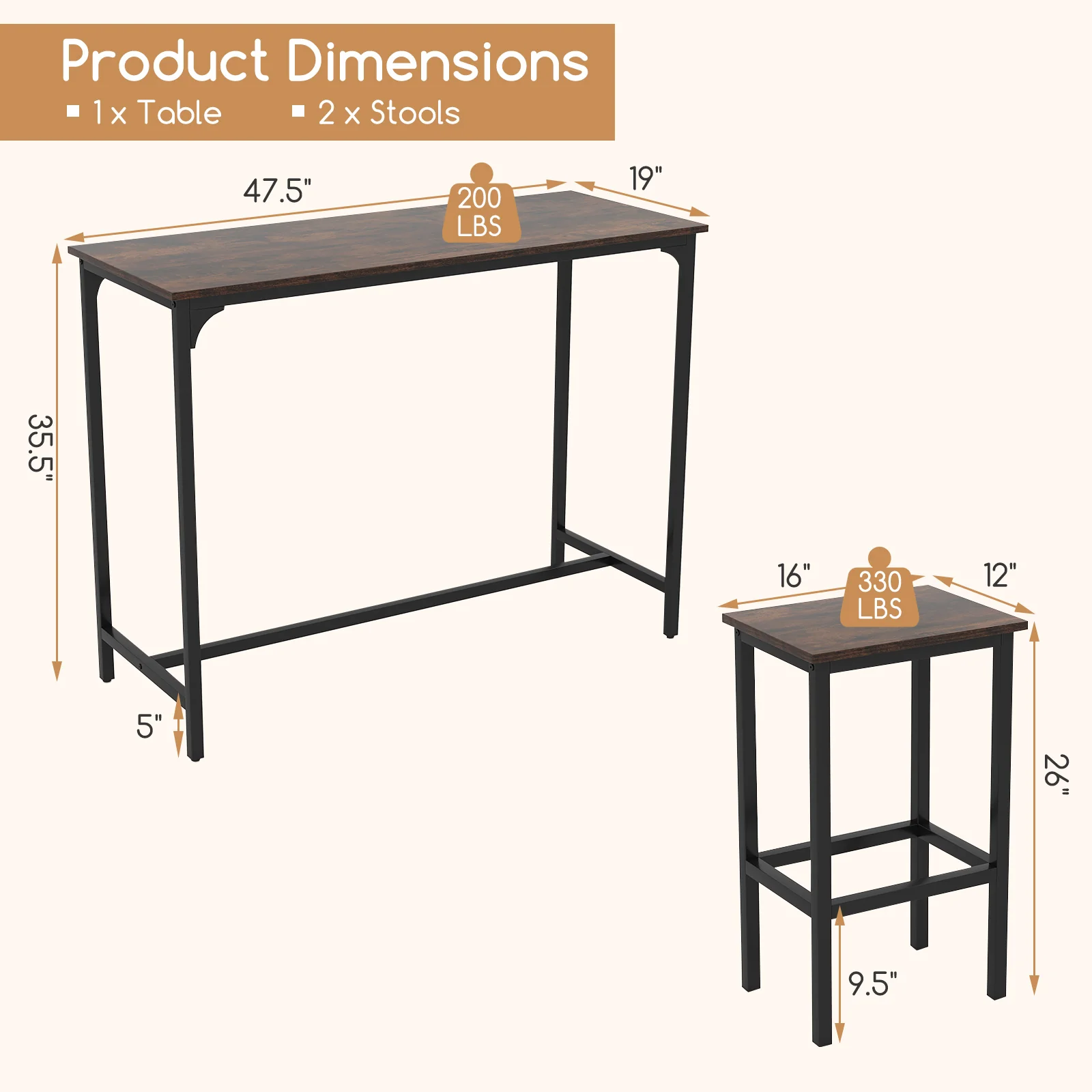 Industrial 3-Piece 47.5" Counter-Height Dining Table, 2 Bar Stools - Image 6