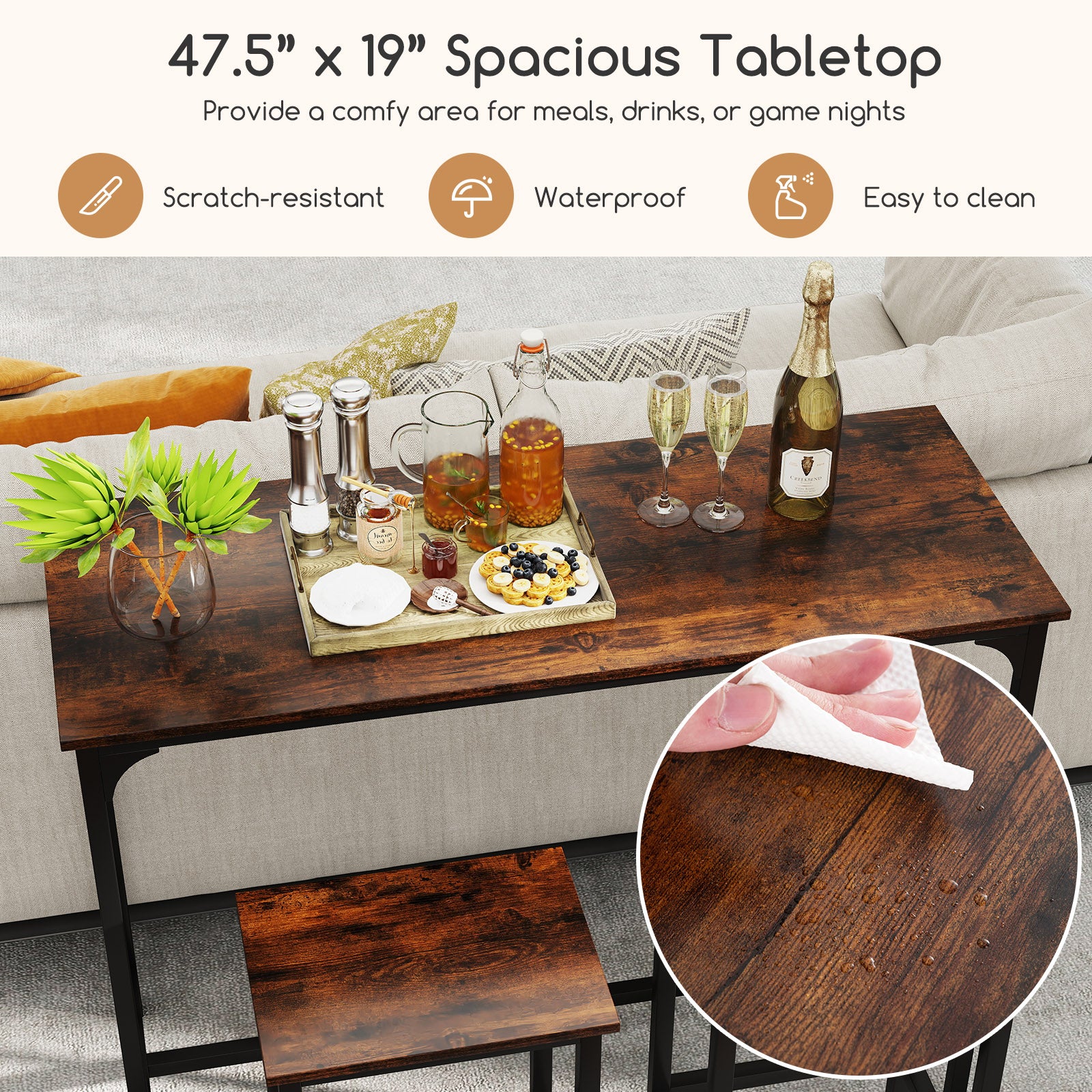 Industrial 3-Piece 47.5" Counter-Height Dining Table, 2 Bar Stools - Image 8