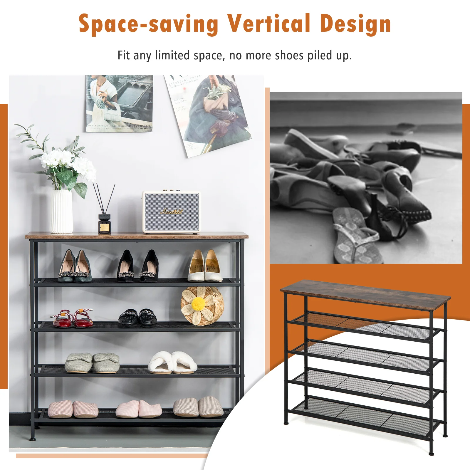 Industrial 5-Tier Metal Shoe Rack, 4 Shelves For 16-20 Pairs, Rustic Brown - Image 10