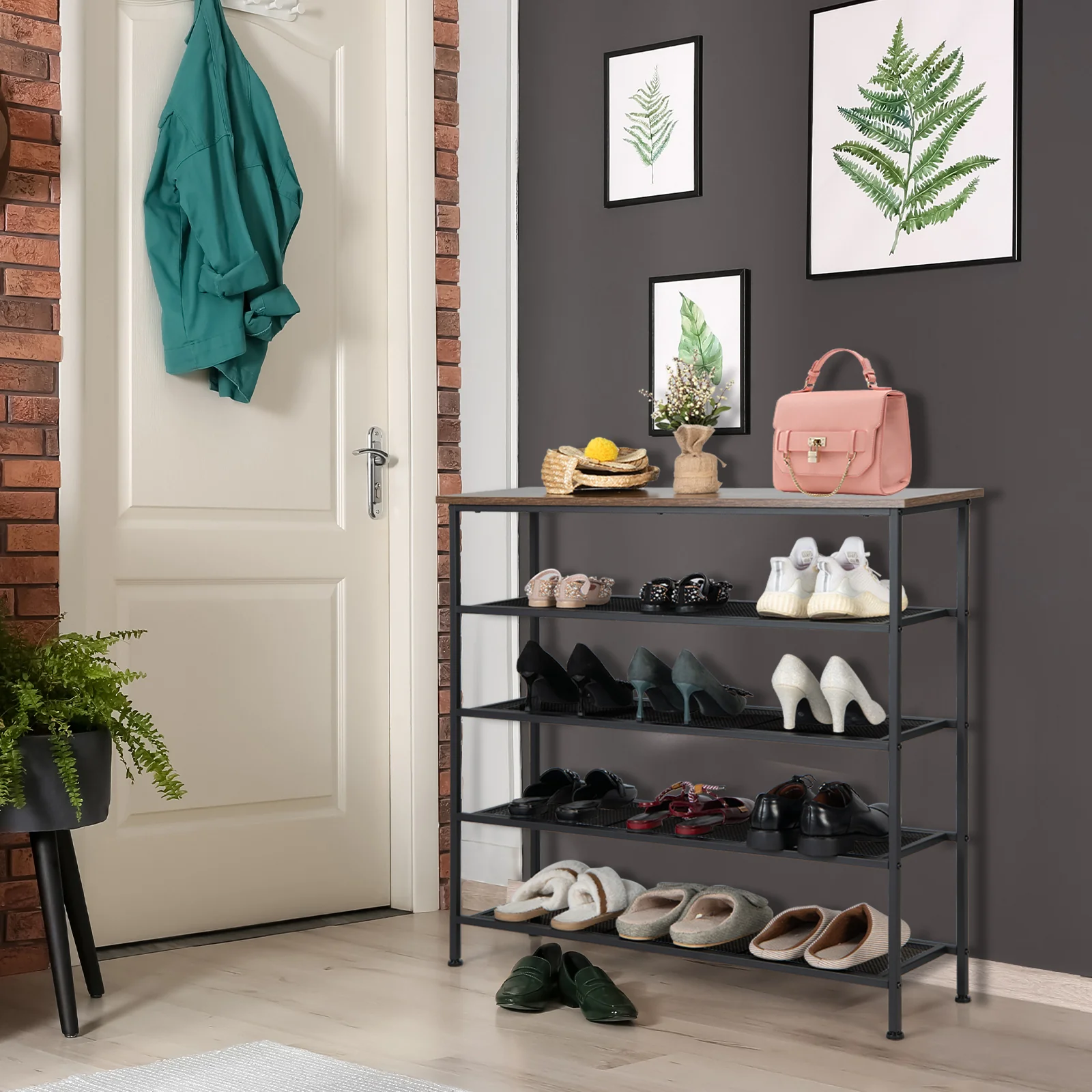 Industrial 5-Tier Metal Shoe Rack, 4 Shelves For 16-20 Pairs, Rustic Brown - Image 2