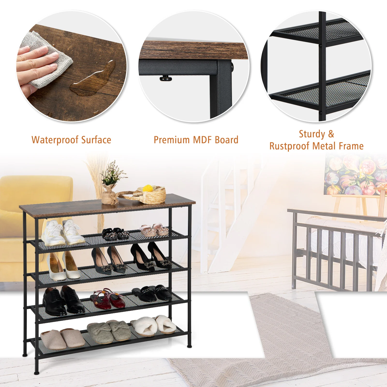 Industrial 5-Tier Metal Shoe Rack, 4 Shelves For 16-20 Pairs, Rustic Brown - Image 6