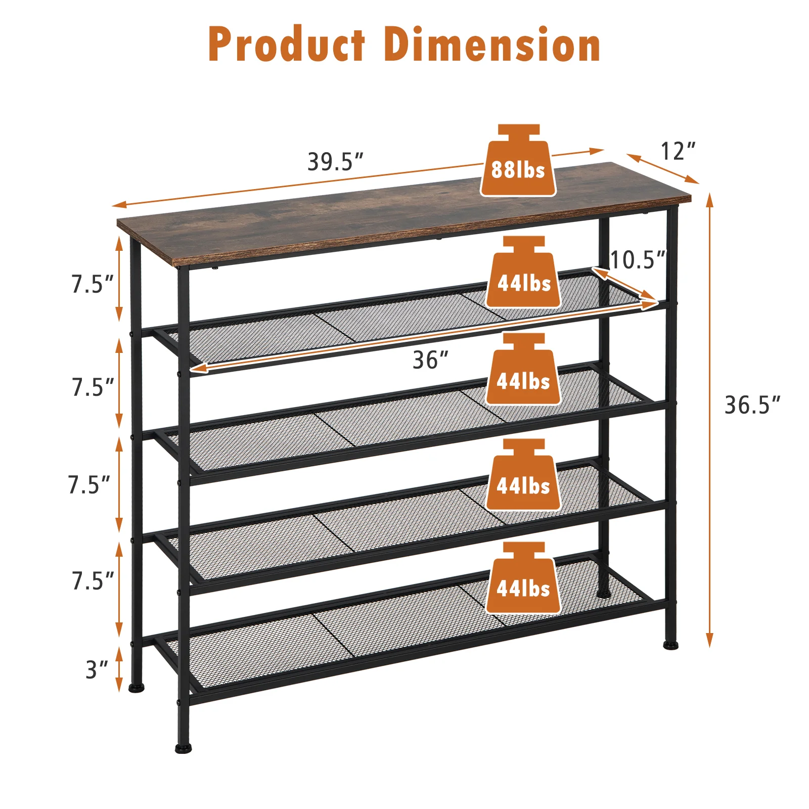 Industrial 5-Tier Metal Shoe Rack, 4 Shelves For 16-20 Pairs, Rustic Brown - Image 7