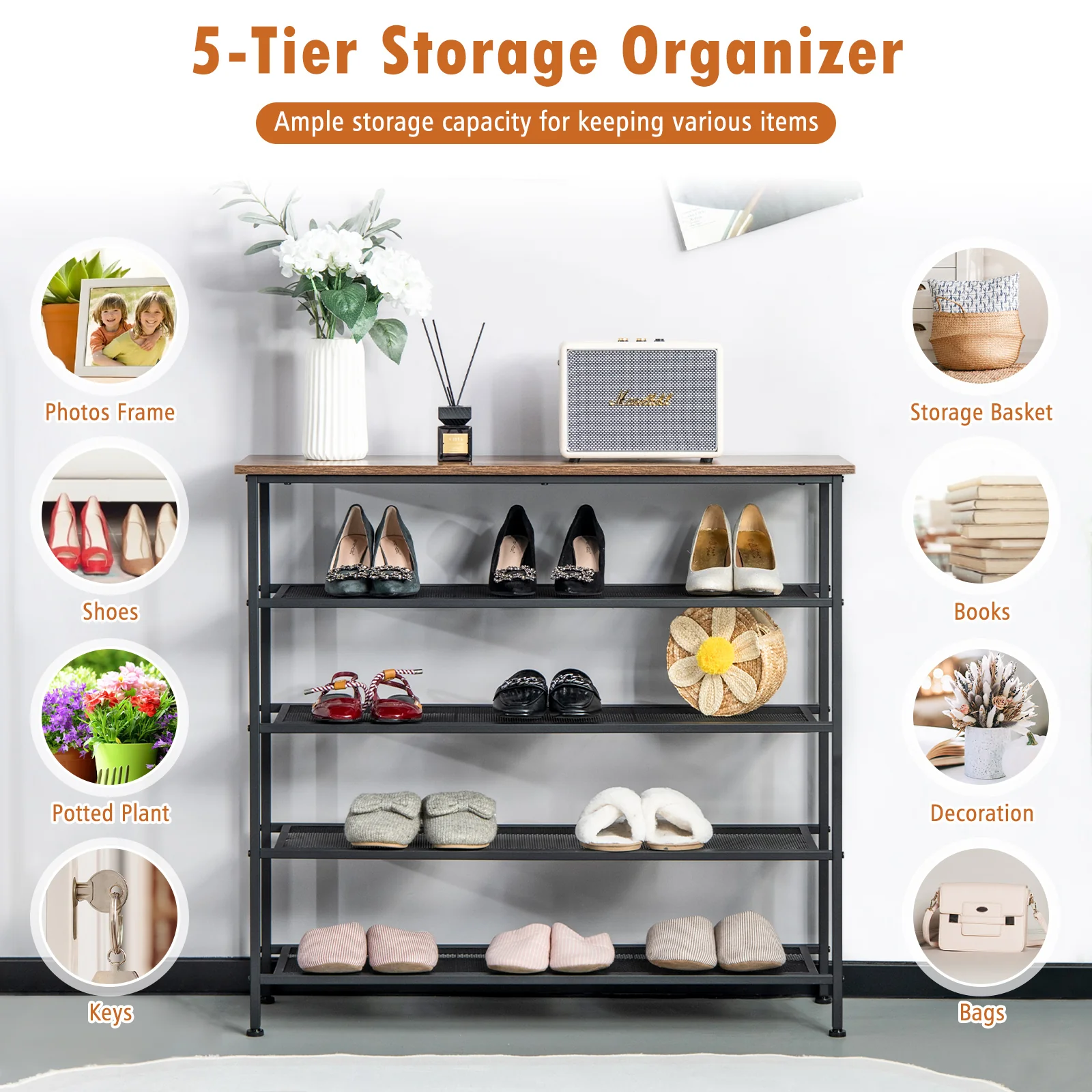 Industrial 5-Tier Metal Shoe Rack, 4 Shelves For 16-20 Pairs, Rustic Brown - Image 8